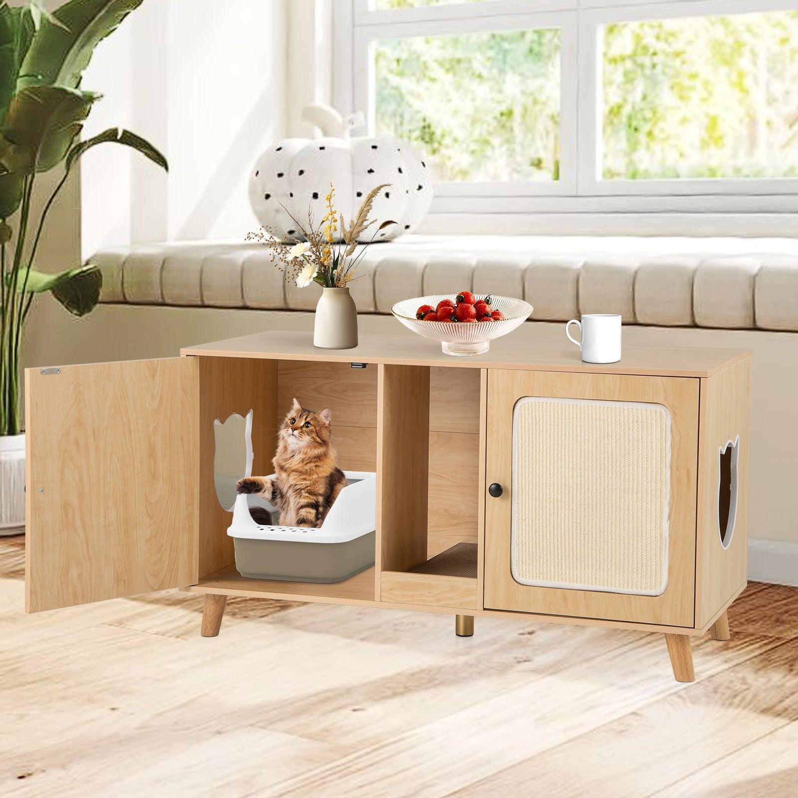 43 Inches Cat Litter Box Enclosure with Double Rooms and 2 Sisal Scratching Mats | Purrfect Pet Kingdom