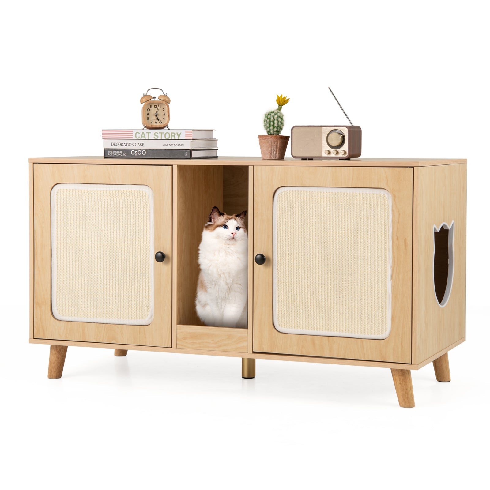43 Inches Cat Litter Box Enclosure with Double Rooms and 2 Sisal Scratching Mats | Purrfect Pet Kingdom