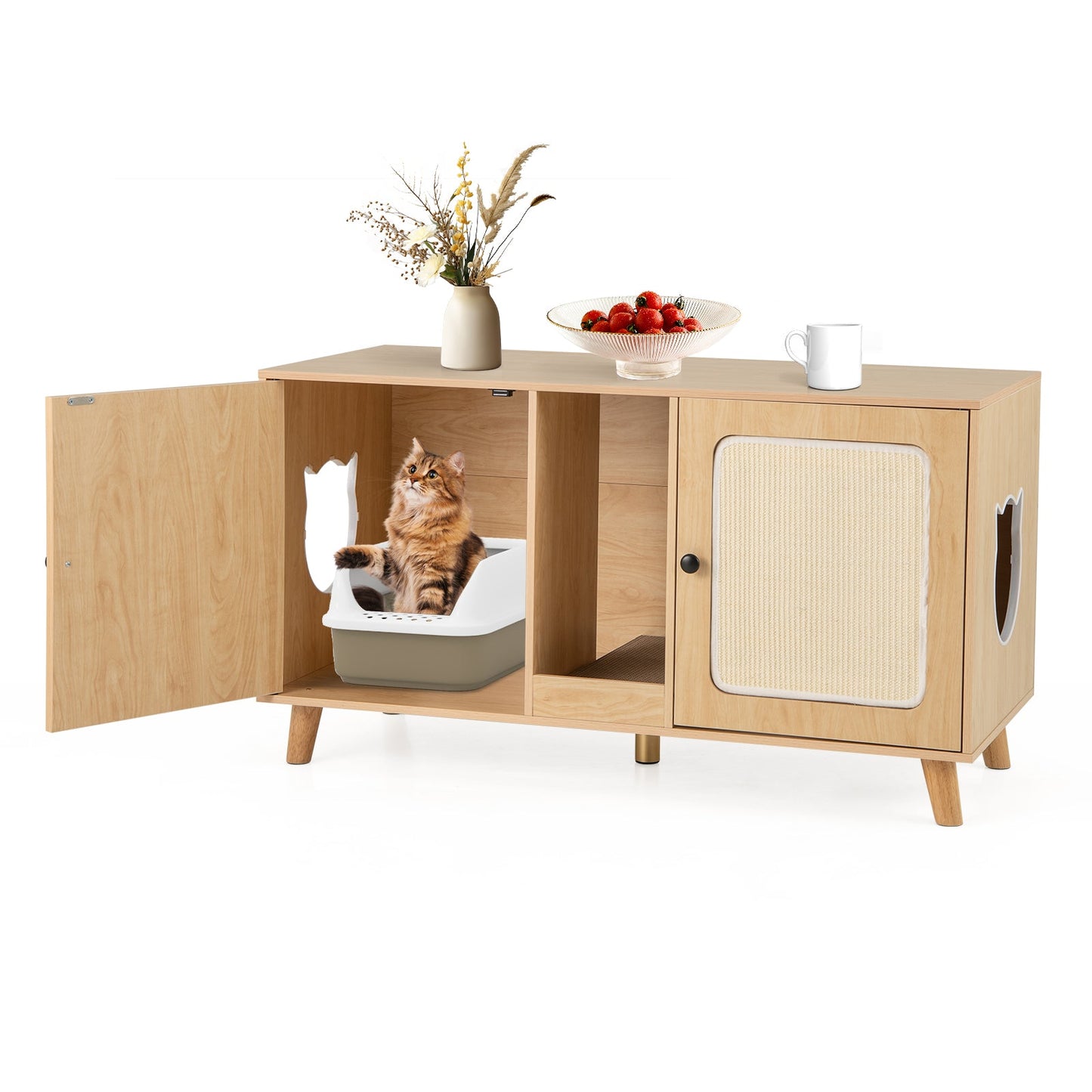 43 Inches Cat Litter Box Enclosure with Double Rooms and 2 Sisal Scratching Mats | Purrfect Pet Kingdom
