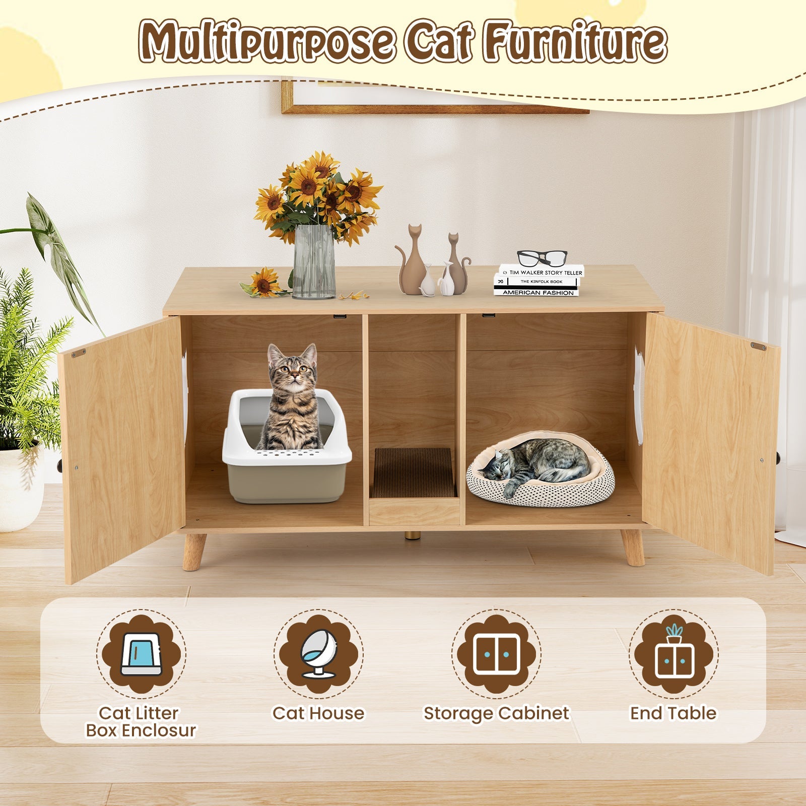 43 Inches Cat Litter Box Enclosure with Double Rooms and 2 Sisal Scratching Mats