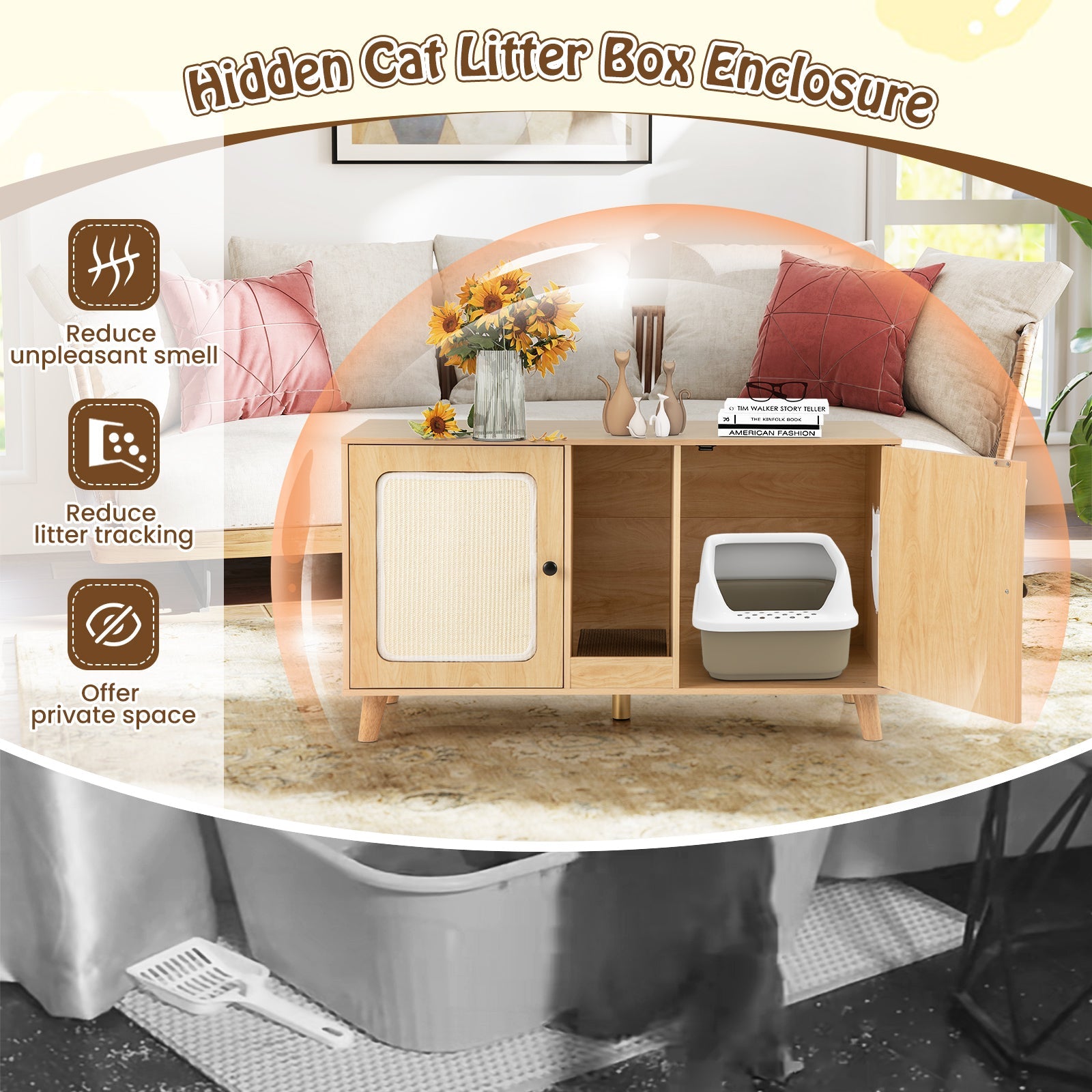 43 Inches Cat Litter Box Enclosure with Double Rooms and 2 Sisal Scratching Mats | Purrfect Pet Kingdom