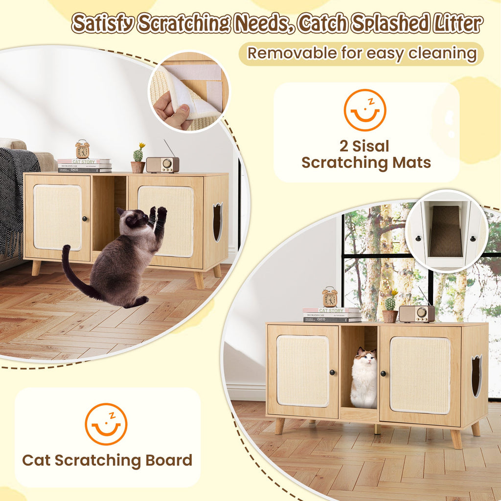 43 Inches Cat Litter Box Enclosure with Double Rooms and 2 Sisal Scratching Mats