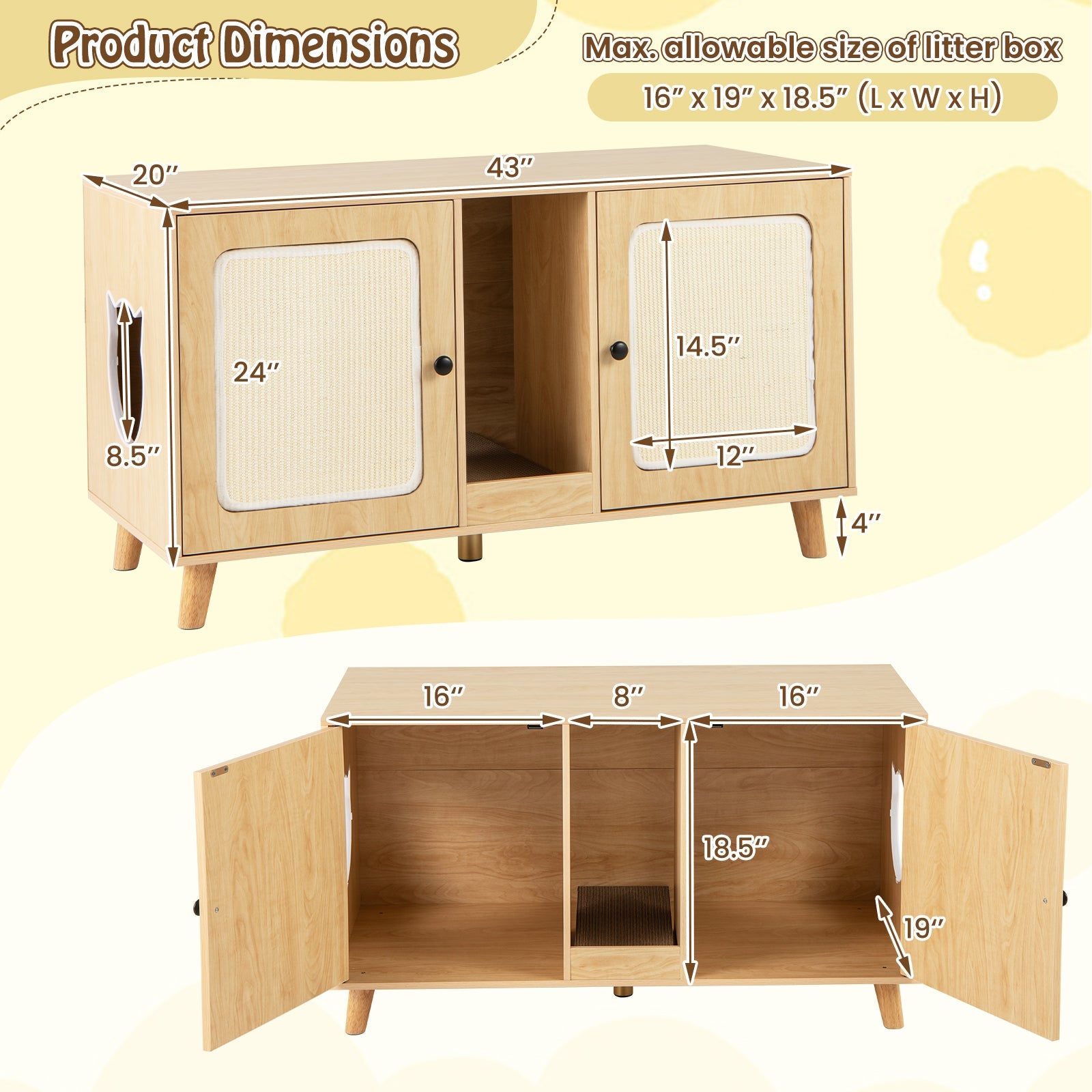 43 Inches Cat Litter Box Enclosure with Double Rooms and 2 Sisal Scratching Mats | Purrfect Pet Kingdom
