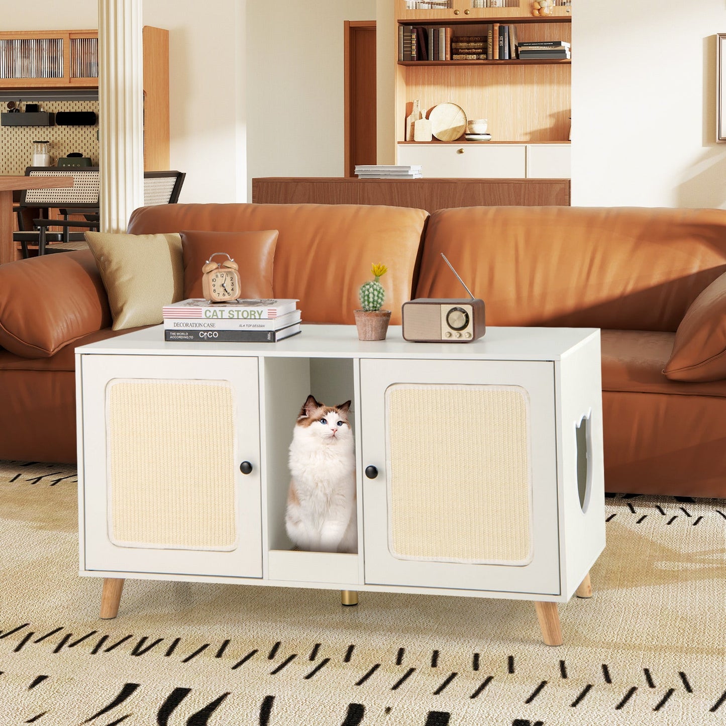43 Inches Cat Litter Box Enclosure with Double Rooms and 2 Sisal Scratching Mats | Purrfect Pet Kingdom