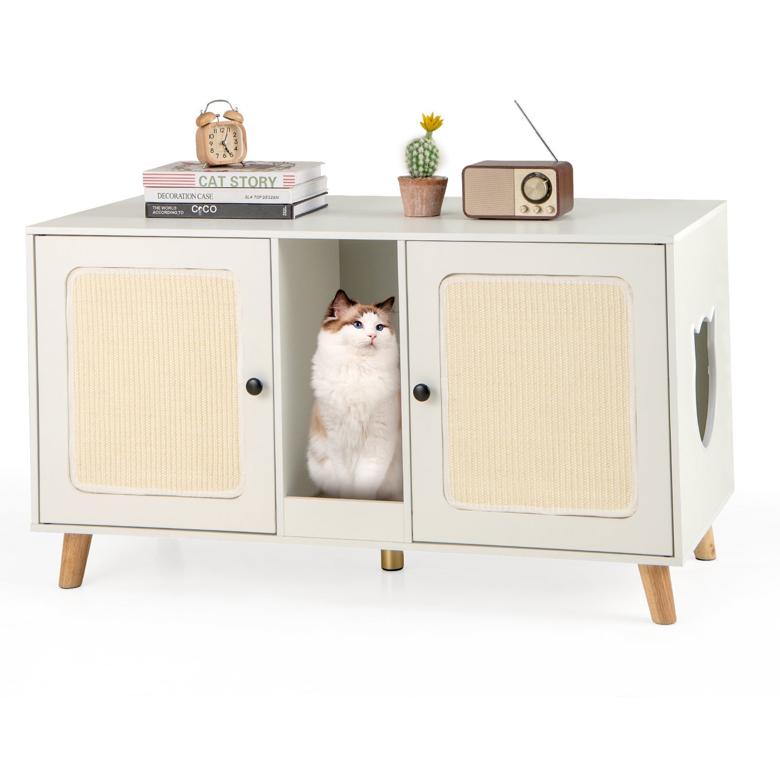 43 Inches Cat Litter Box Enclosure with Double Rooms and 2 Sisal Scratching Mats