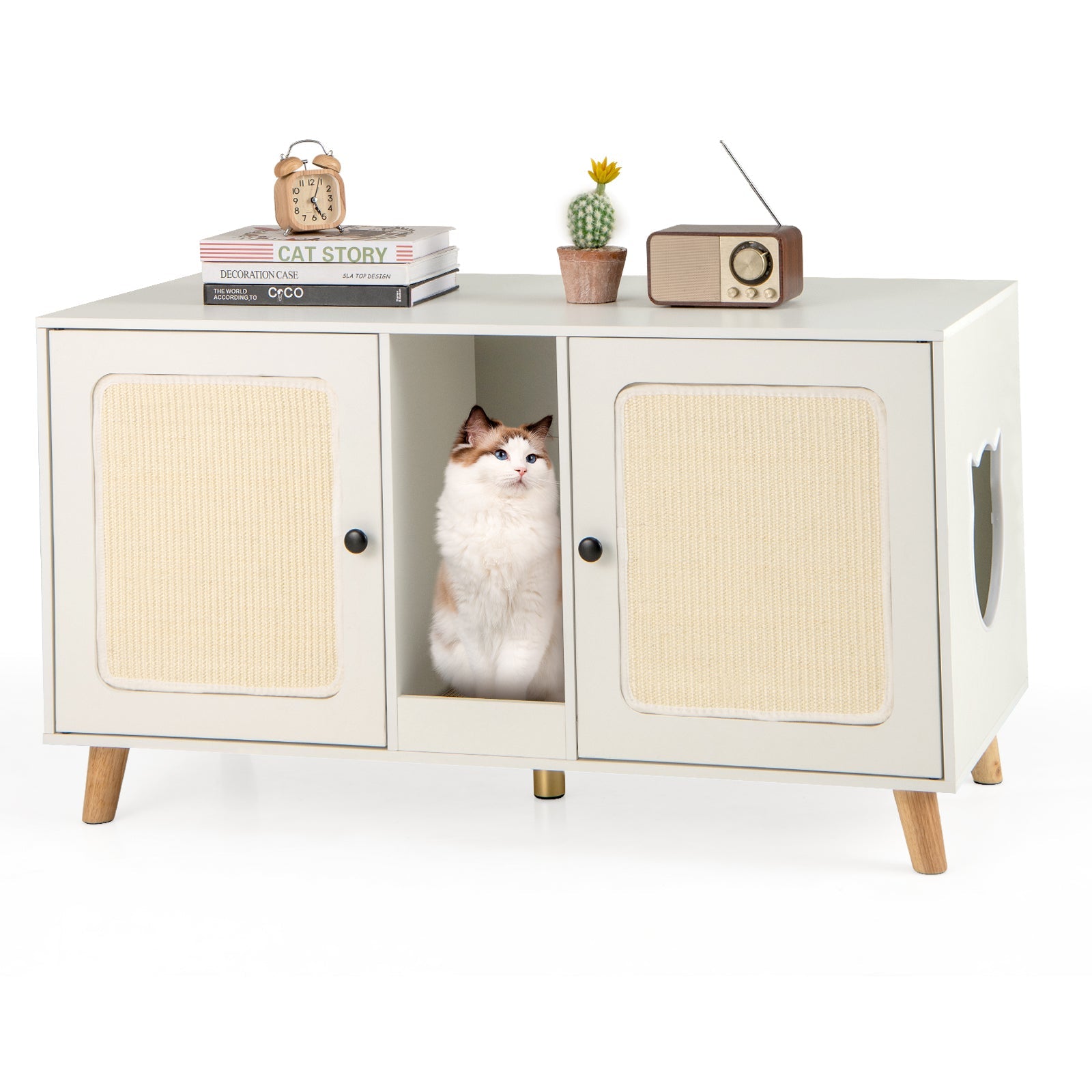 43 Inches Cat Litter Box Enclosure with Double Rooms and 2 Sisal Scratching Mats