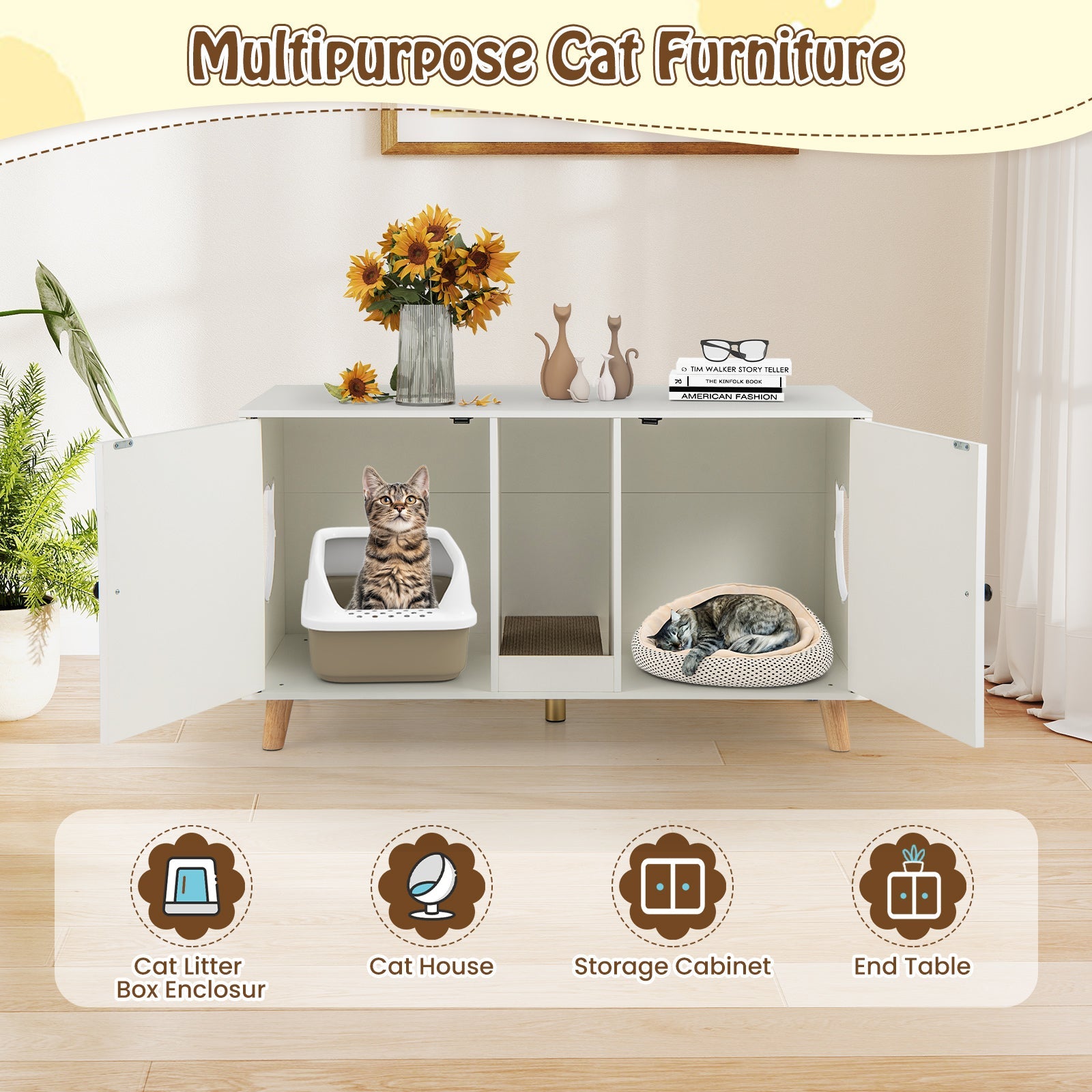 43 Inches Cat Litter Box Enclosure with Double Rooms and 2 Sisal Scratching Mats | Purrfect Pet Kingdom