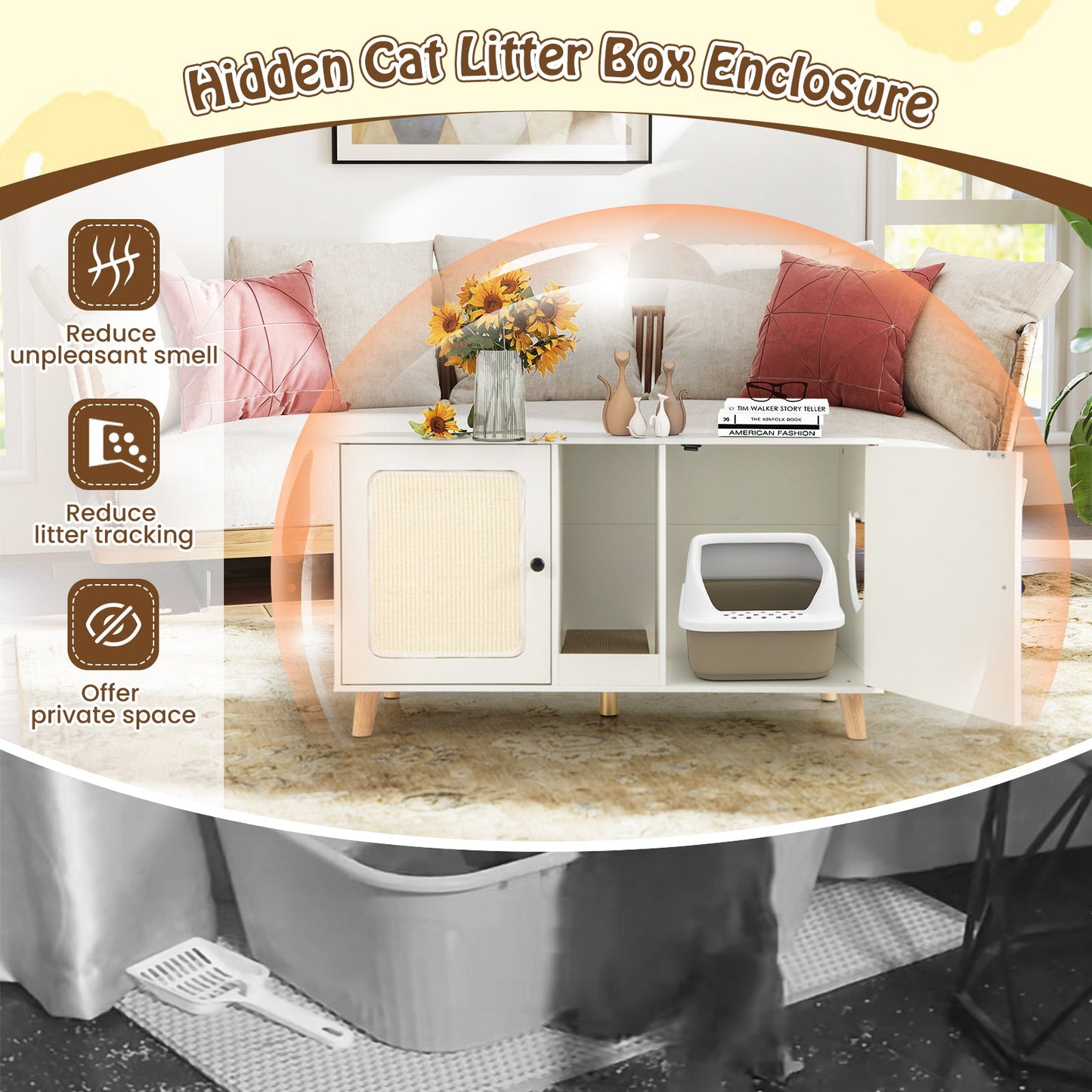 43 Inches Cat Litter Box Enclosure with Double Rooms and 2 Sisal Scratching Mats | Purrfect Pet Kingdom
