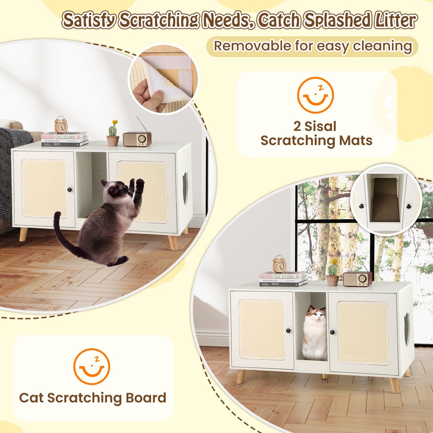 43 Inches Cat Litter Box Enclosure with Double Rooms and 2 Sisal Scratching Mats | Purrfect Pet Kingdom