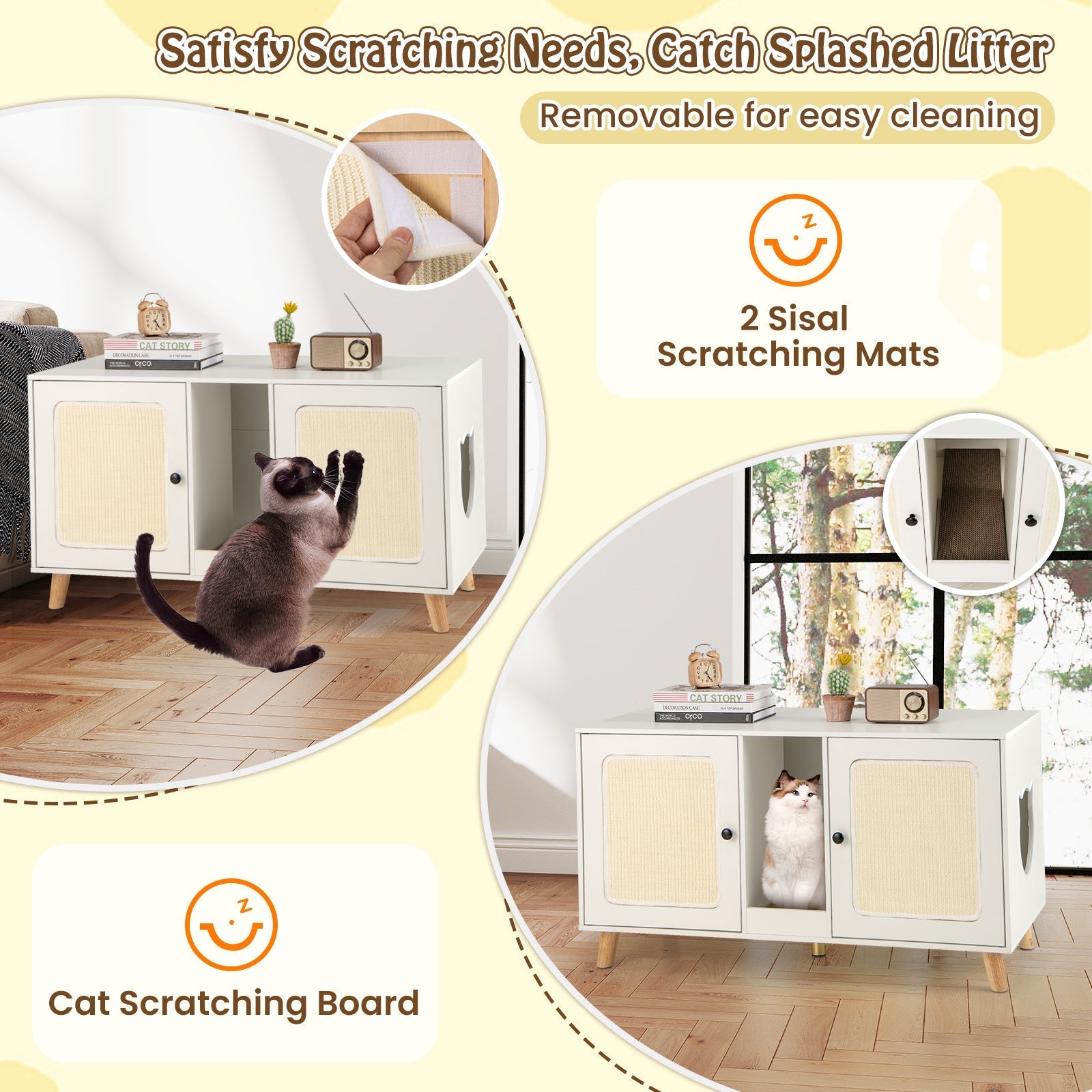 43 Inches Cat Litter Box Enclosure with Double Rooms and 2 Sisal Scratching Mats