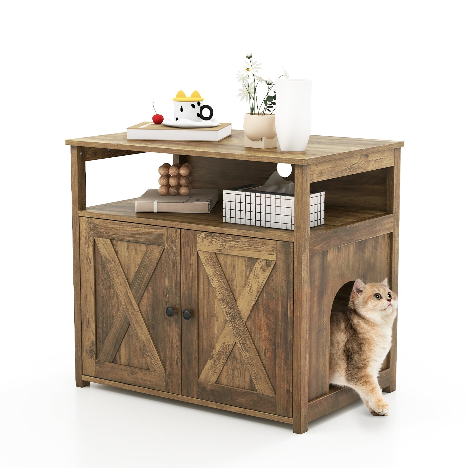 Cat Litter Box Enclosure Double Barn Doors Side Entry Shelves - Detail Angle 3 | Majestic Pet Kingdom