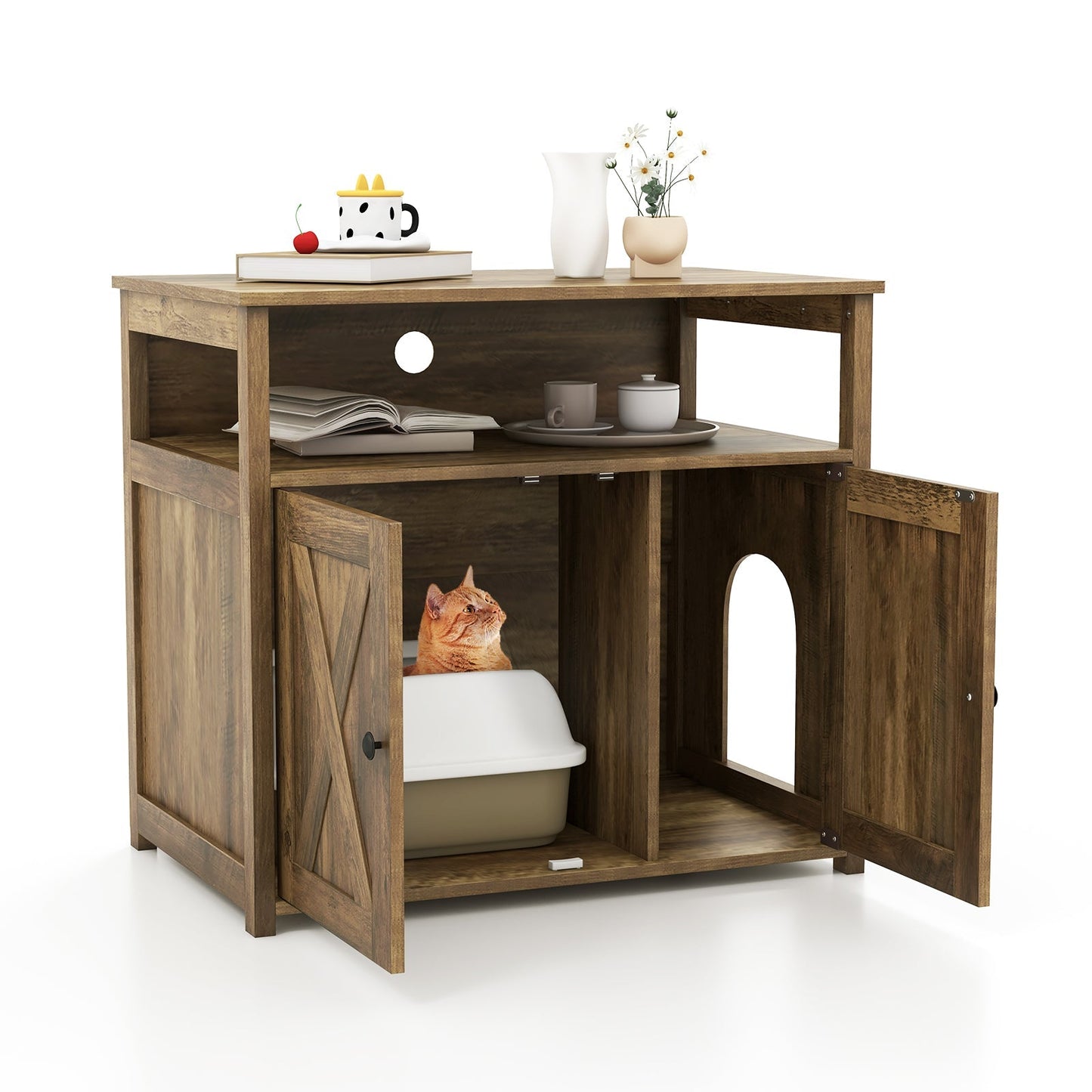 Cat Litter Box Enclosure Double Barn Doors Side Entry Shelves - Detail Angle 4 | Majestic Pet Kingdom