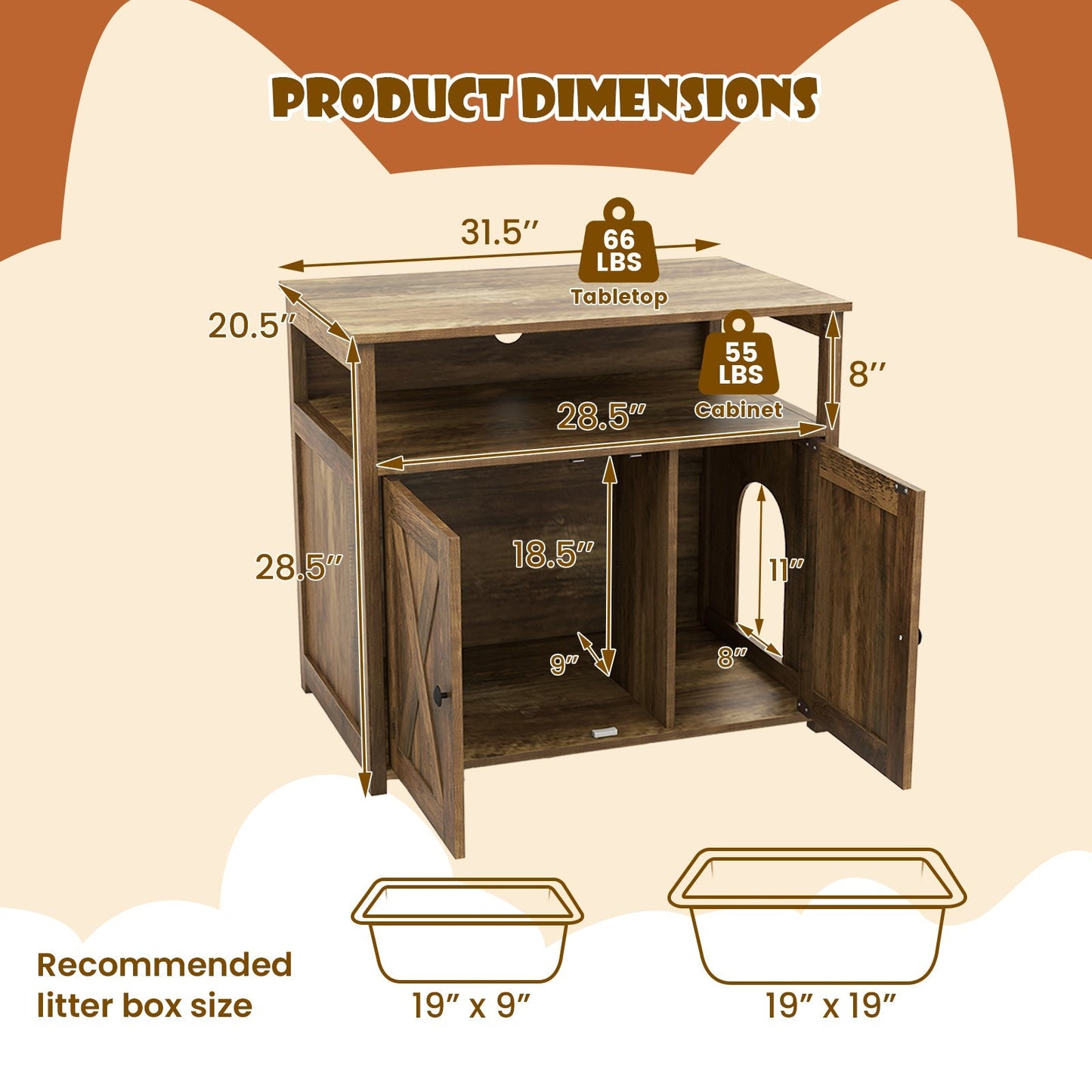 Cat Litter Box Enclosure Double Barn Doors Side Entry Shelves - Detail Angle 5 | Majestic Pet Kingdom