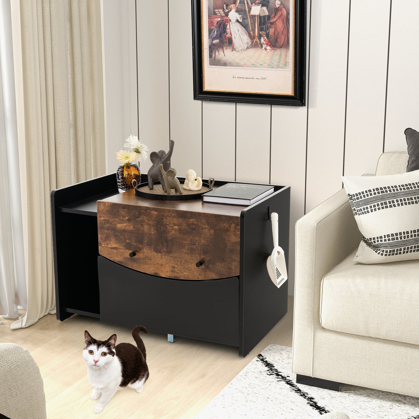 Cat Litter Box Enclosure with Pull-out Drawer-Black | Purrfect Pet Kingdom