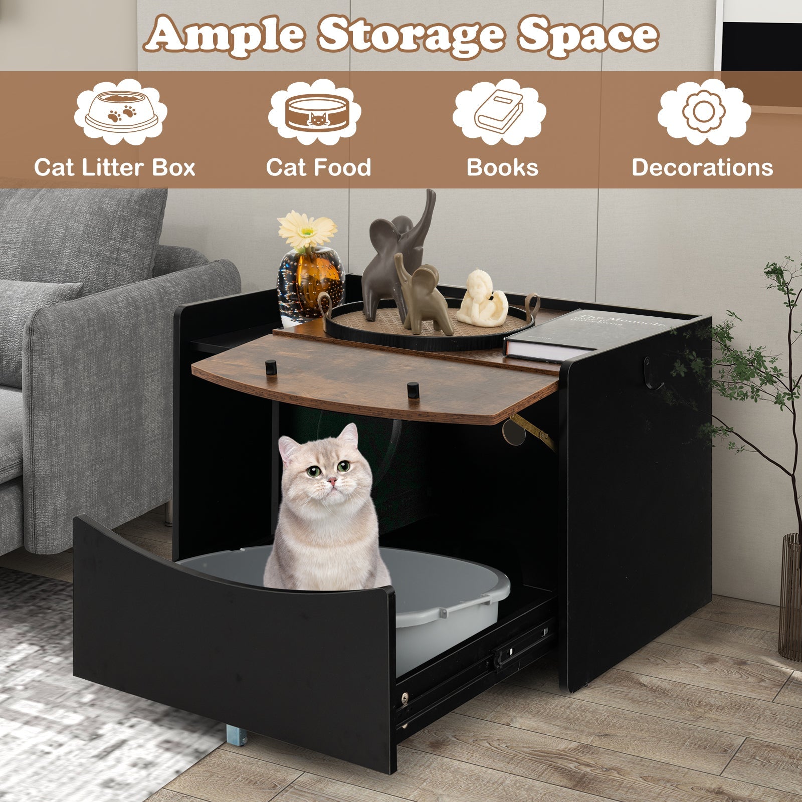 Cat Litter Box Enclosure with Pull-out Drawer-Black | Purrfect Pet Kingdom
