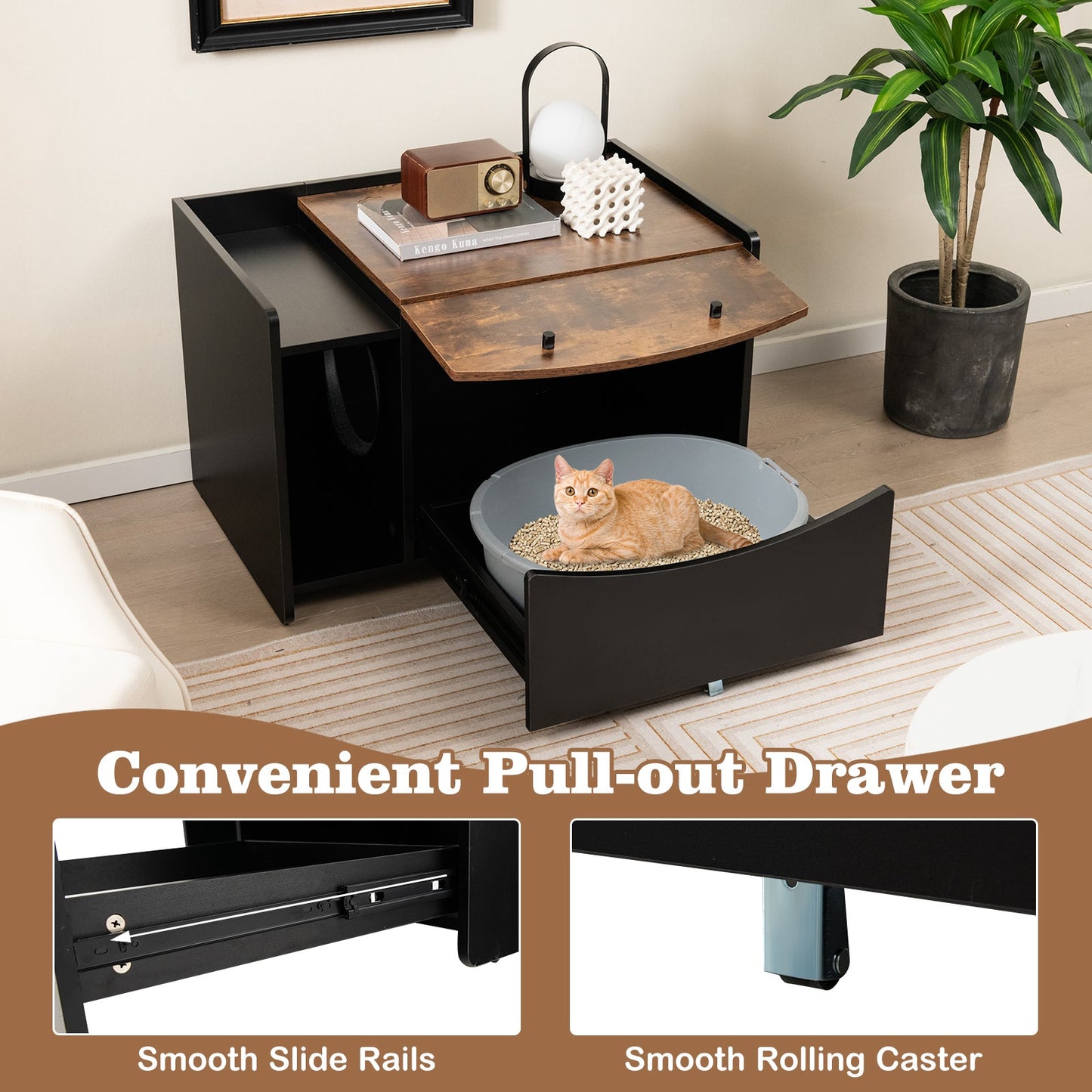Cat Litter Box Enclosure with Pull-out Drawer-Black | Purrfect Pet Kingdom