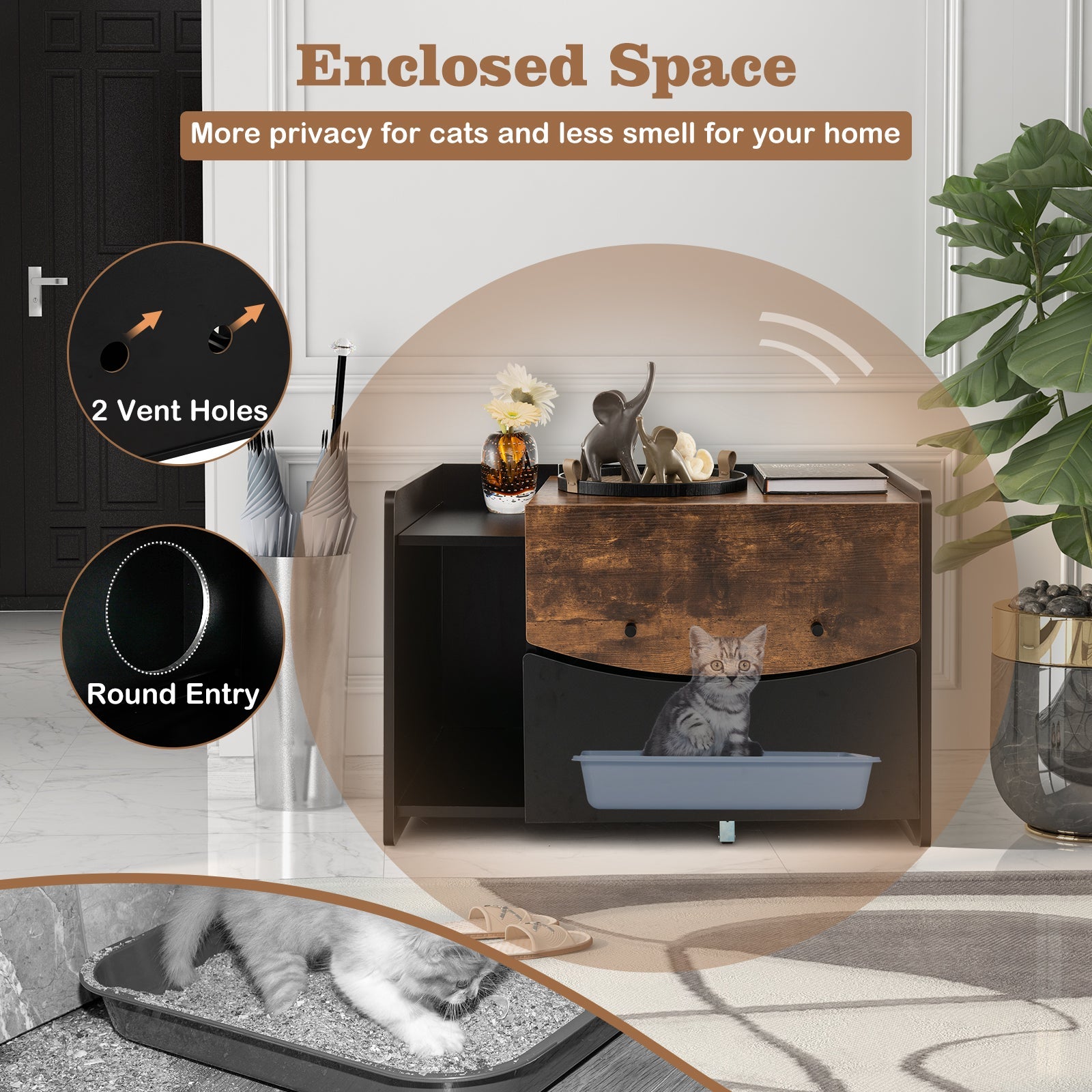 Cat Litter Box Enclosure with Pull-out Drawer-Black | Purrfect Pet Kingdom