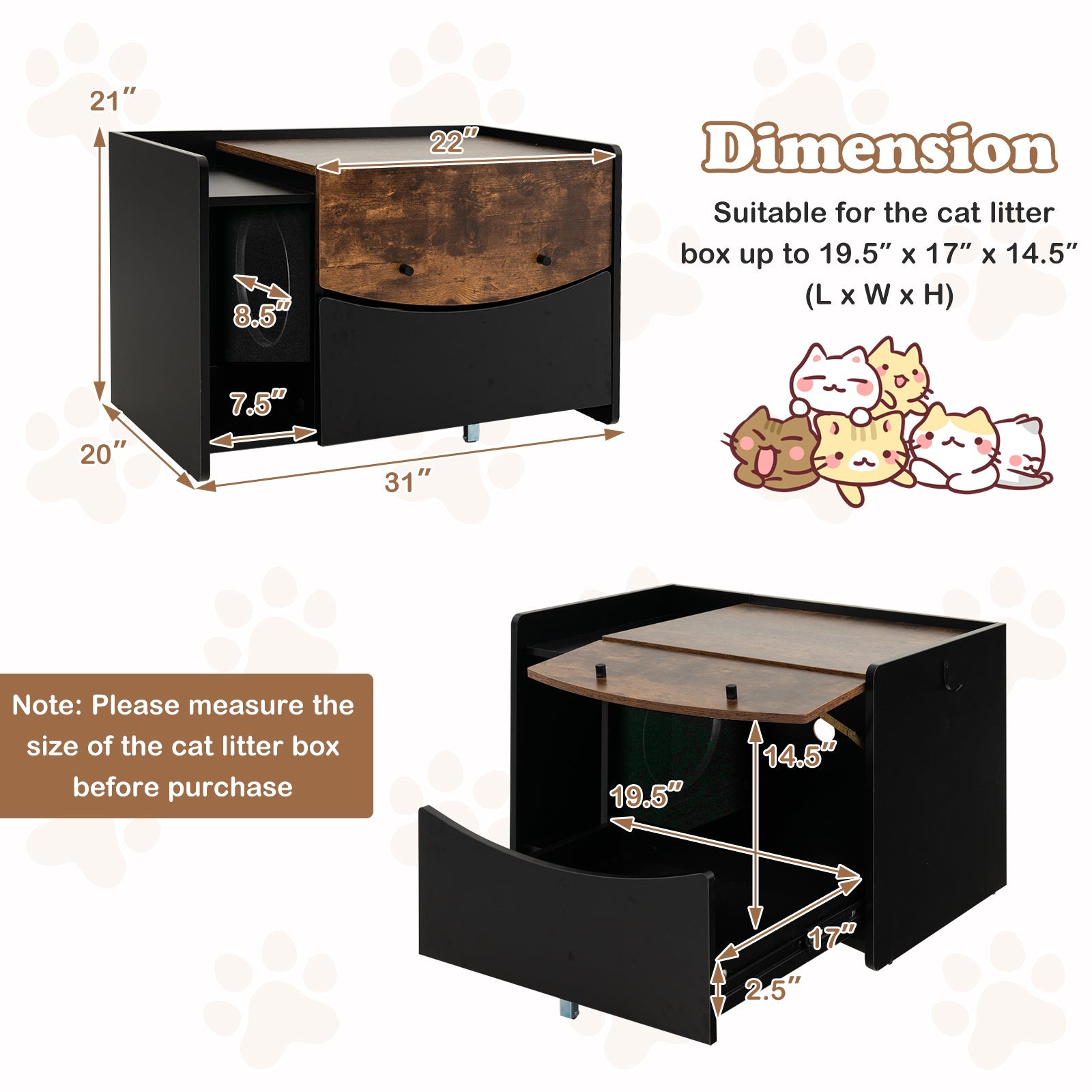 Cat Litter Box Enclosure with Pull-out Drawer-Black | Purrfect Pet Kingdom