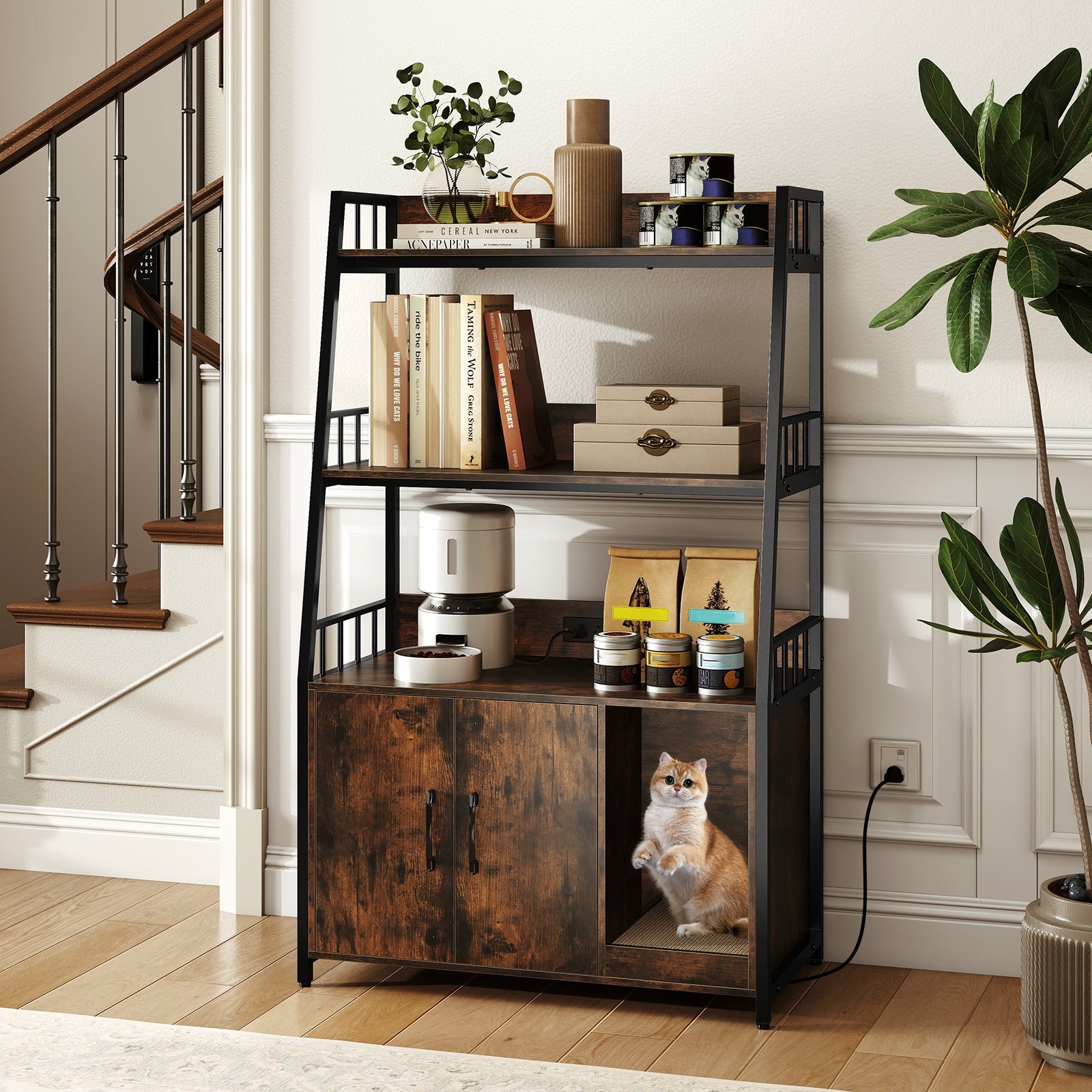 Cat Litter Box Enclosure Cabinet Storage Shelves Scratcher - Detail Angle 5 | Majestic Pet Kingdom