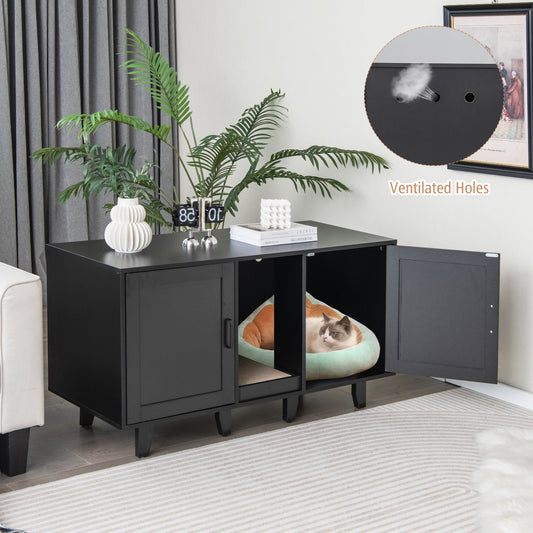 2-Door Cat Litter Box Enclosure with Winding Entry and Scratching Board | Purrfect Pet Kingdom