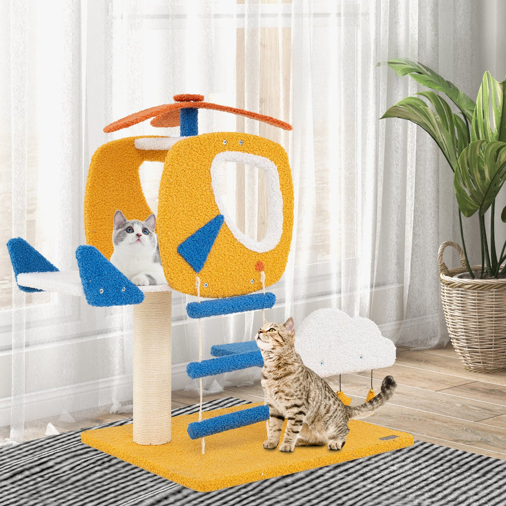 Indoor Small Aviation-themed Cat Tree Cat Tower with Helicopter Top Perch-Yellow - Majestic Pet Kingdom