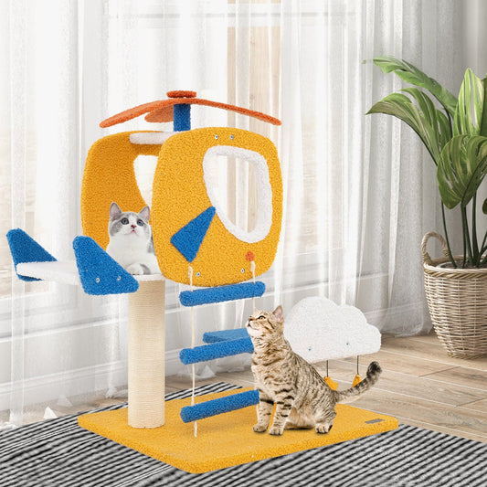 Indoor Small Aviation-themed Cat Tree Cat Tower with Helicopter Top Perch-Yellow - Majestic Pet Kingdom