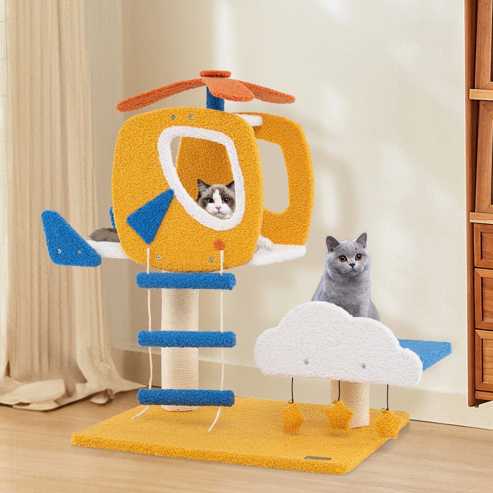 Indoor Small Aviation-themed Cat Tree Cat Tower with Helicopter Top Perch-Yellow - Majestic Pet Kingdom