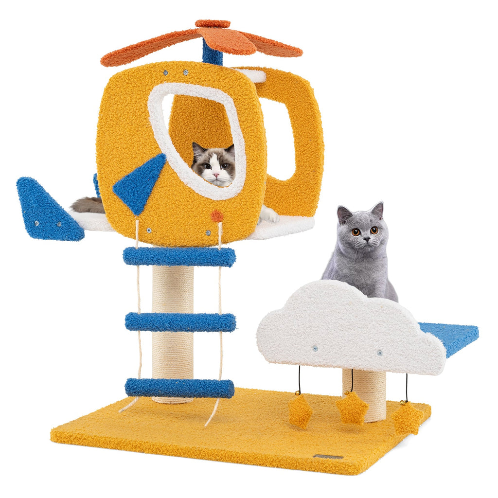 Indoor Small Aviation-themed Cat Tree Cat Tower with Helicopter Top Perch-Yellow - Majestic Pet Kingdom