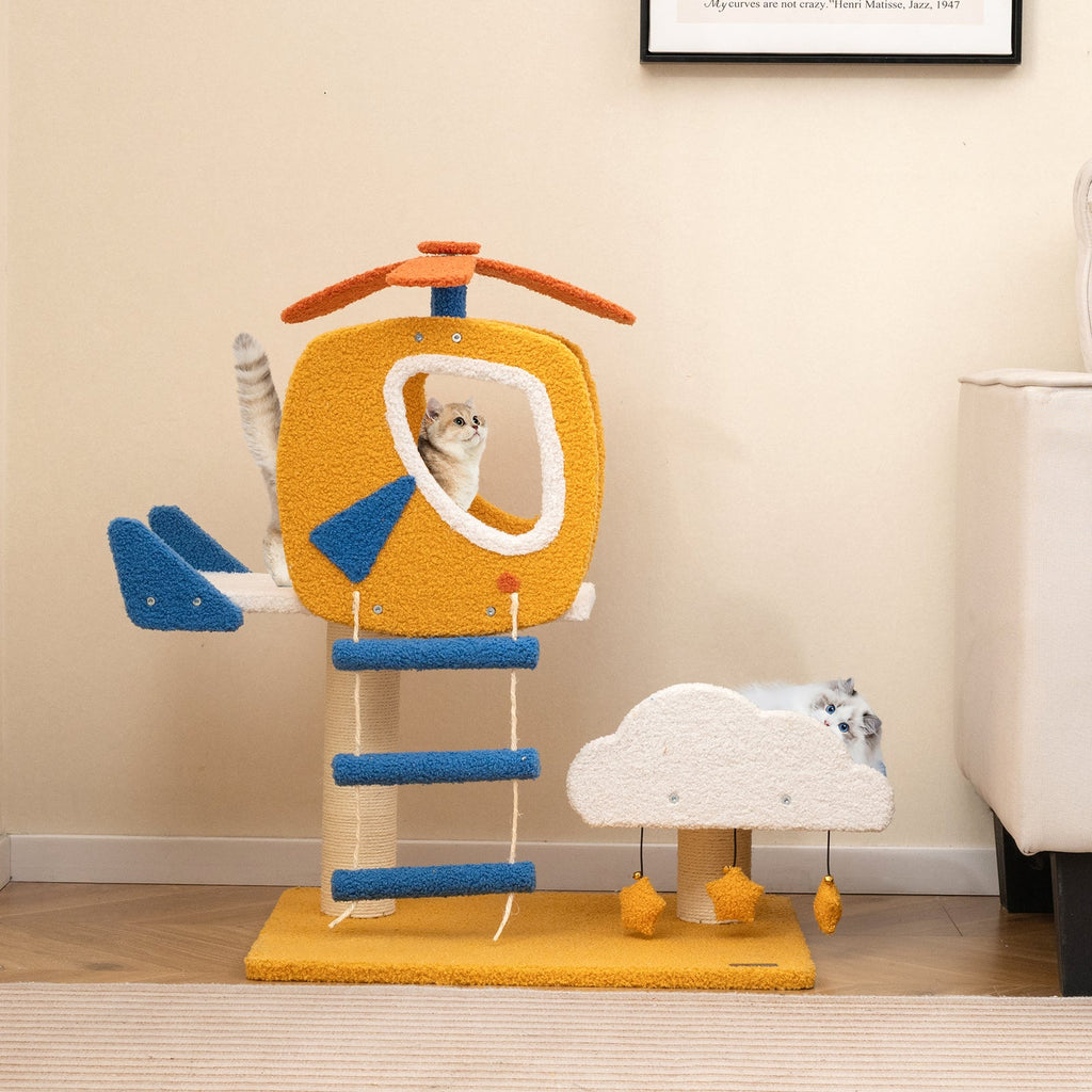 Indoor Small Aviation-themed Cat Tree Cat Tower with Helicopter Top Perch-Yellow - Majestic Pet Kingdom