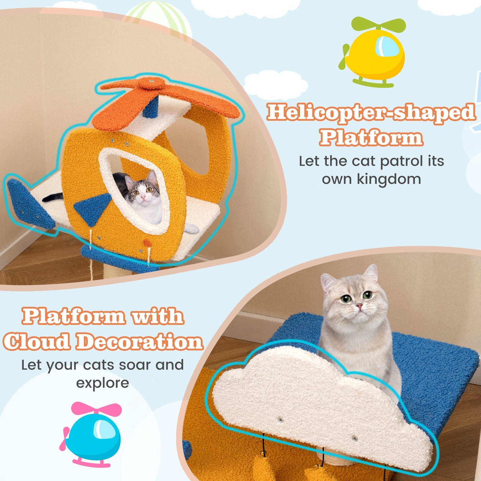 Indoor Small Aviation-themed Cat Tree Cat Tower with Helicopter Top Perch-Yellow - Majestic Pet Kingdom