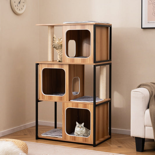 Modern Cat Tree Cat House with Metal Frame and Scratching Posts-Natural - Majestic Pet Kingdom
