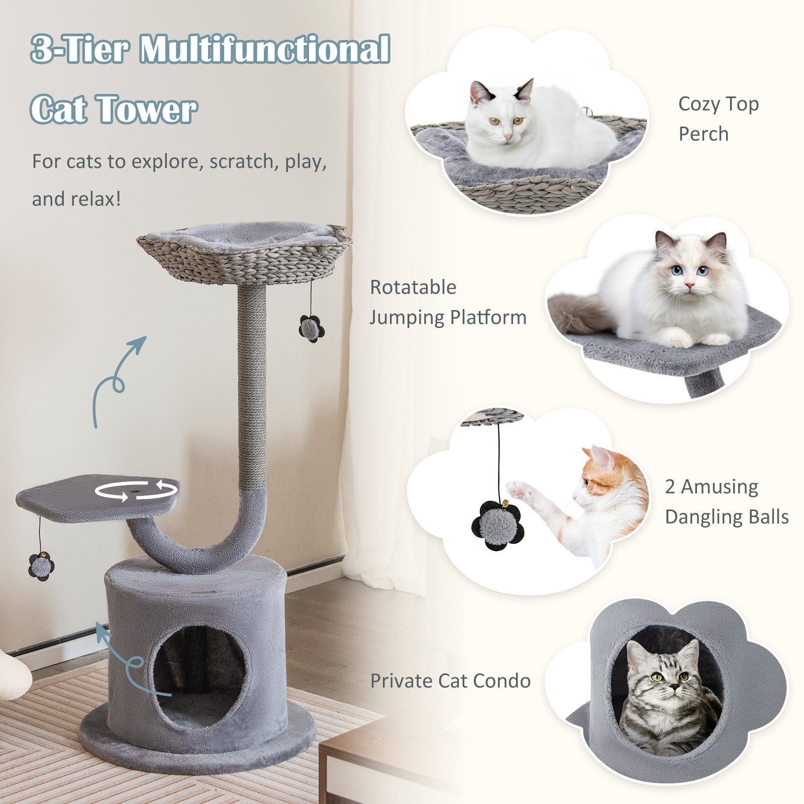 42 Inch Tall Cat Tower with Curved Metal Supporting Frame for Large and Small Cats-Gray - Majestic Pet Kingdom