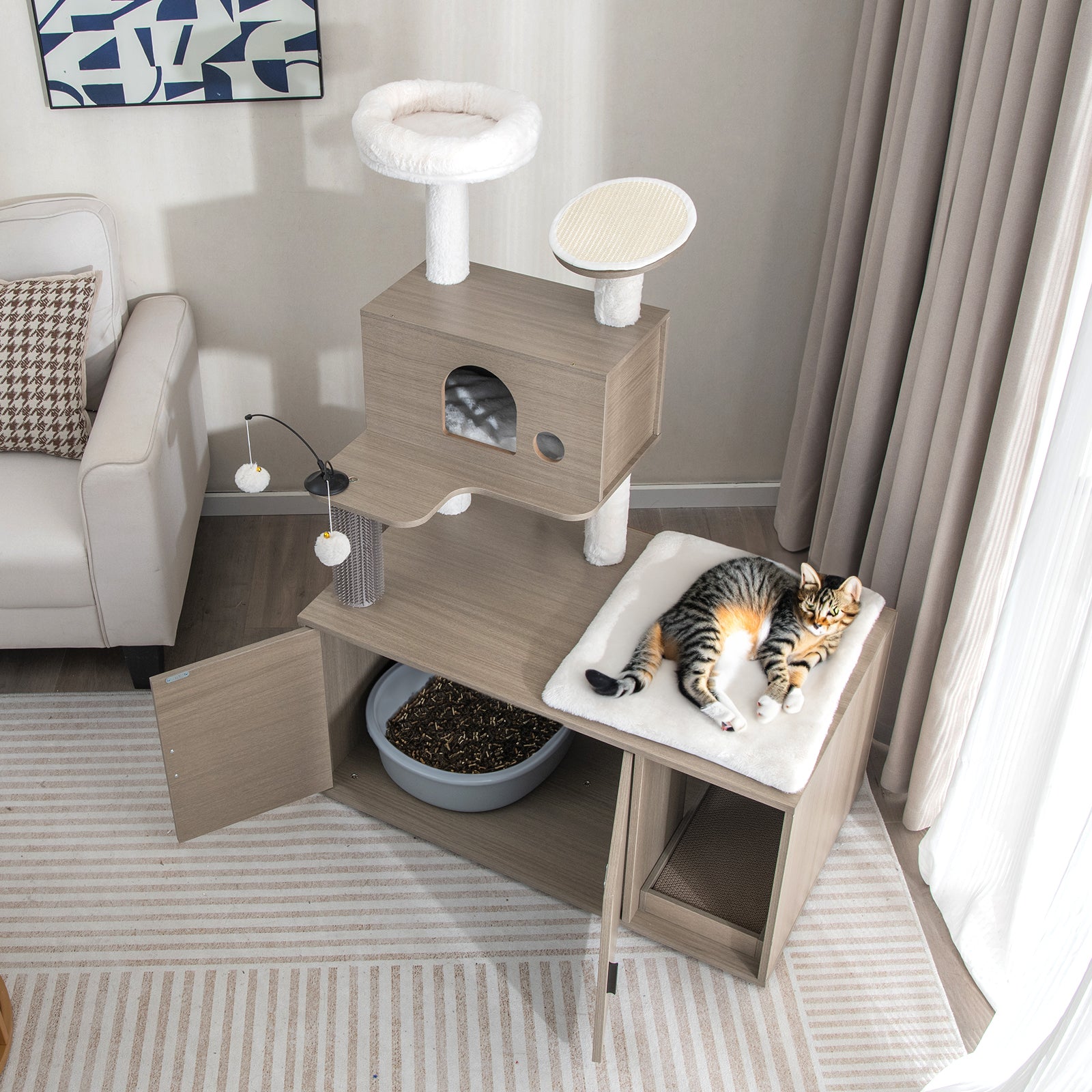 2-in-1 Modern Cat Tower with Litter Box Enclosure for Indoor Cars-Gray - Majestic Pet Kingdom