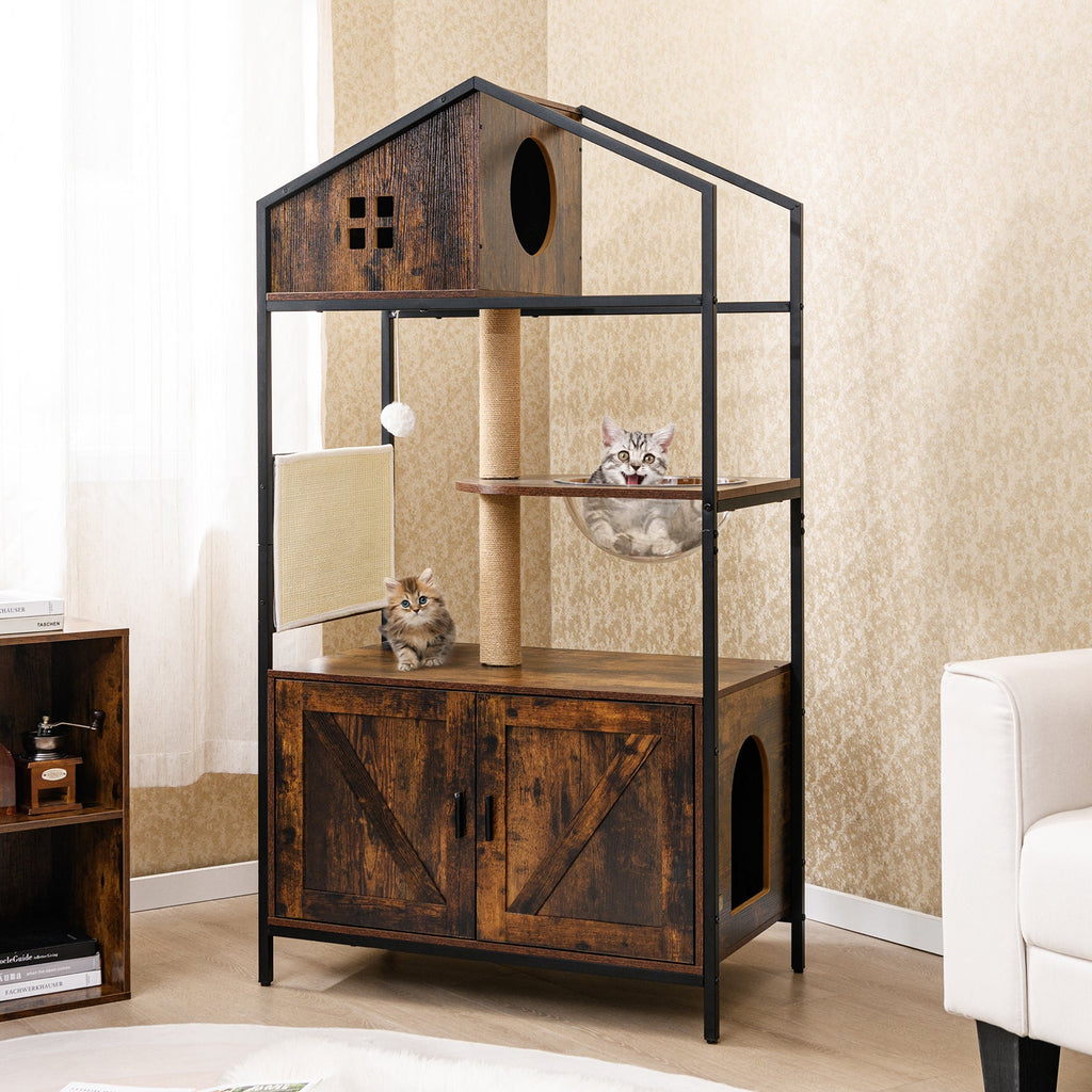Cat Tree with Litter Box Enclosure Industrial Cat Tower Multi-level Cat Condo Furniture for Indoor Cats-Rustic Brown - Majestic Pet Kingdom
