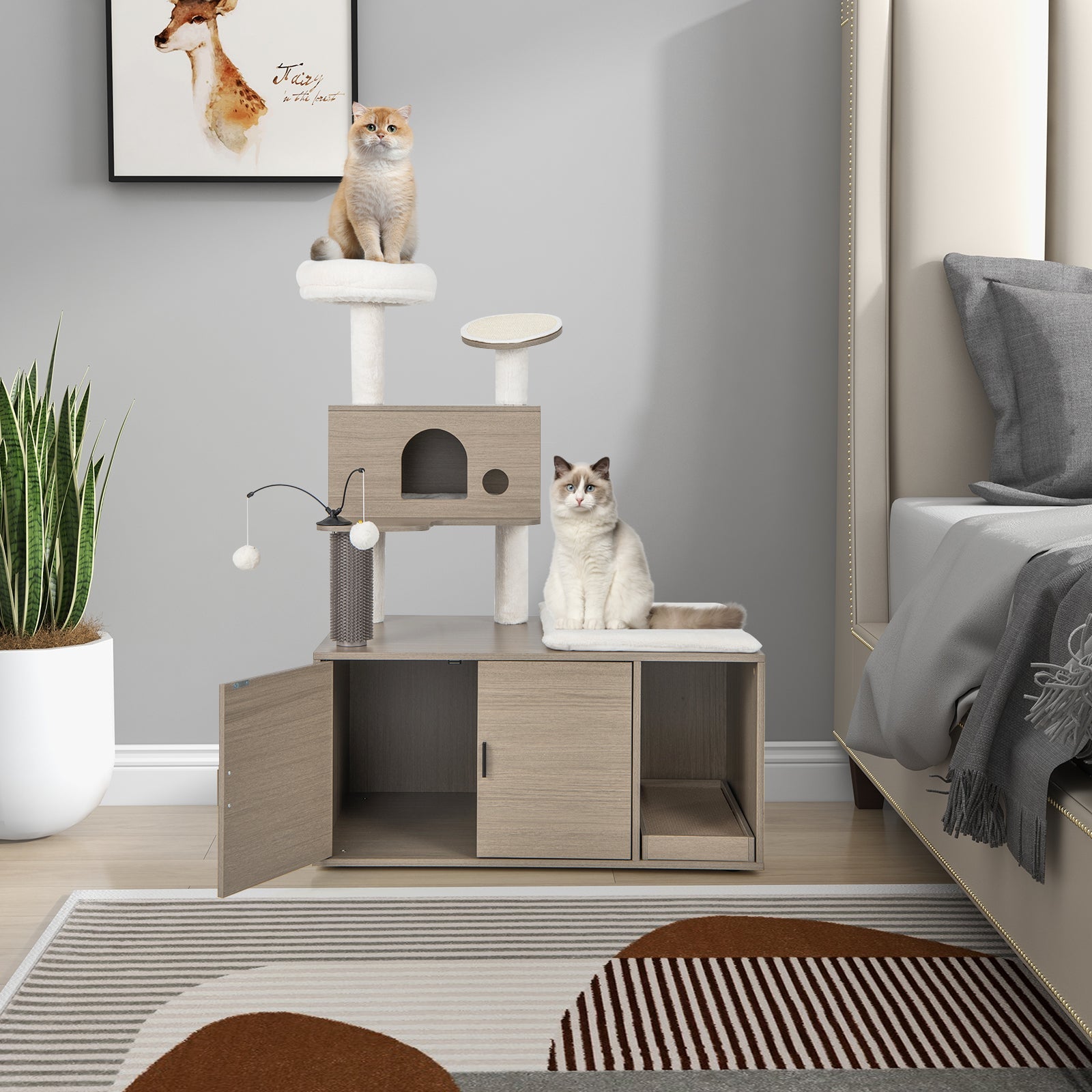 2-in-1 Modern Cat Tower with Litter Box Enclosure for Indoor Cars-Gray - Majestic Pet Kingdom