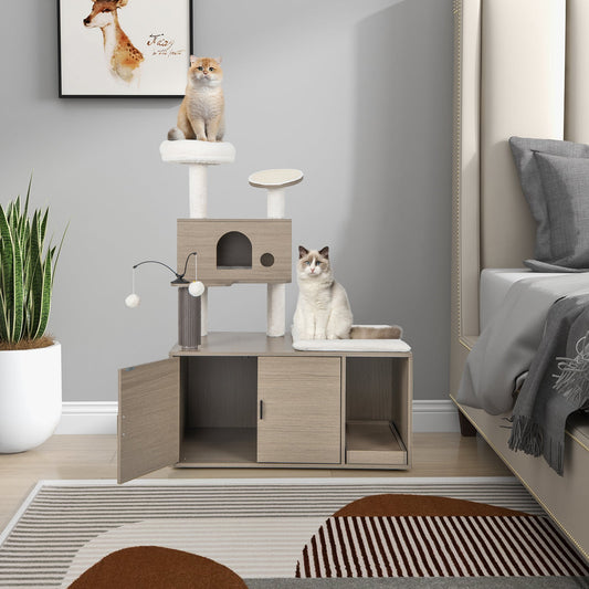 2-in-1 Modern Cat Tower with Litter Box Enclosure for Indoor Cars-Gray - Majestic Pet Kingdom