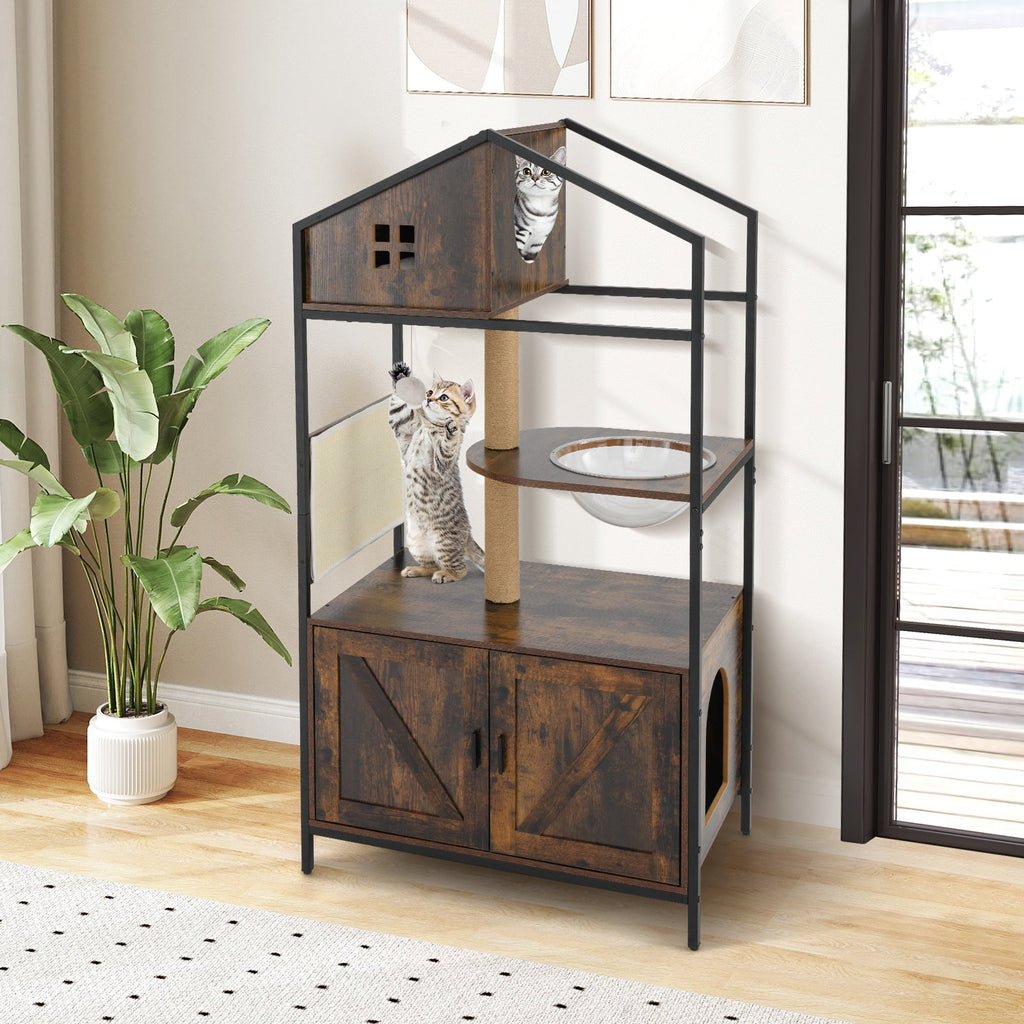 Cat Tree with Litter Box Enclosure Industrial Cat Tower Multi-level Cat Condo Furniture for Indoor Cats-Rustic Brown - Majestic Pet Kingdom