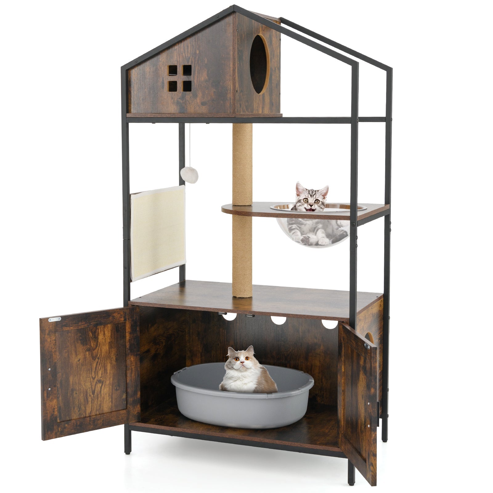 Cat Tree with Litter Box Enclosure Industrial Cat Tower Multi-level Cat Condo Furniture for Indoor Cats-Rustic Brown - Majestic Pet Kingdom