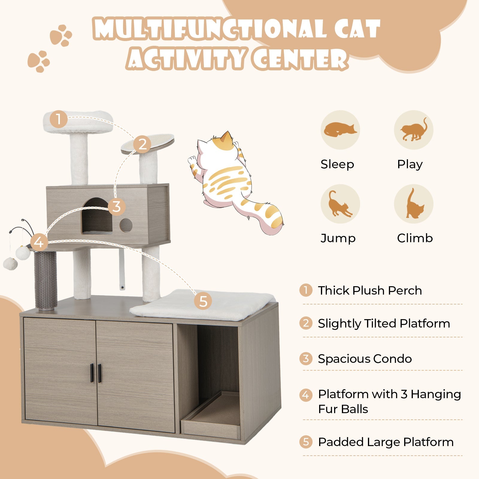 2-in-1 Modern Cat Tower with Litter Box Enclosure for Indoor Cars-Gray - Majestic Pet Kingdom