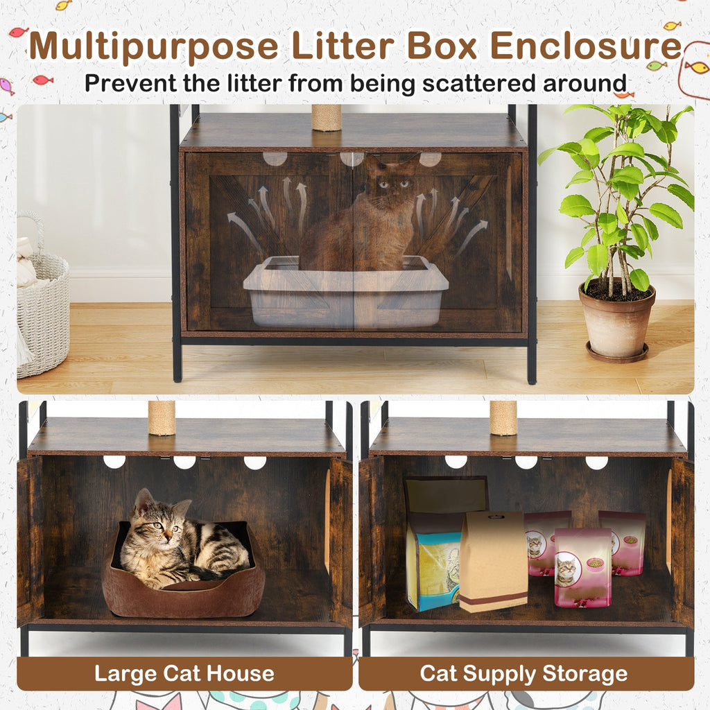 Cat Tree with Litter Box Enclosure Industrial Cat Tower Multi-level Cat Condo Furniture for Indoor Cats-Rustic Brown - Majestic Pet Kingdom
