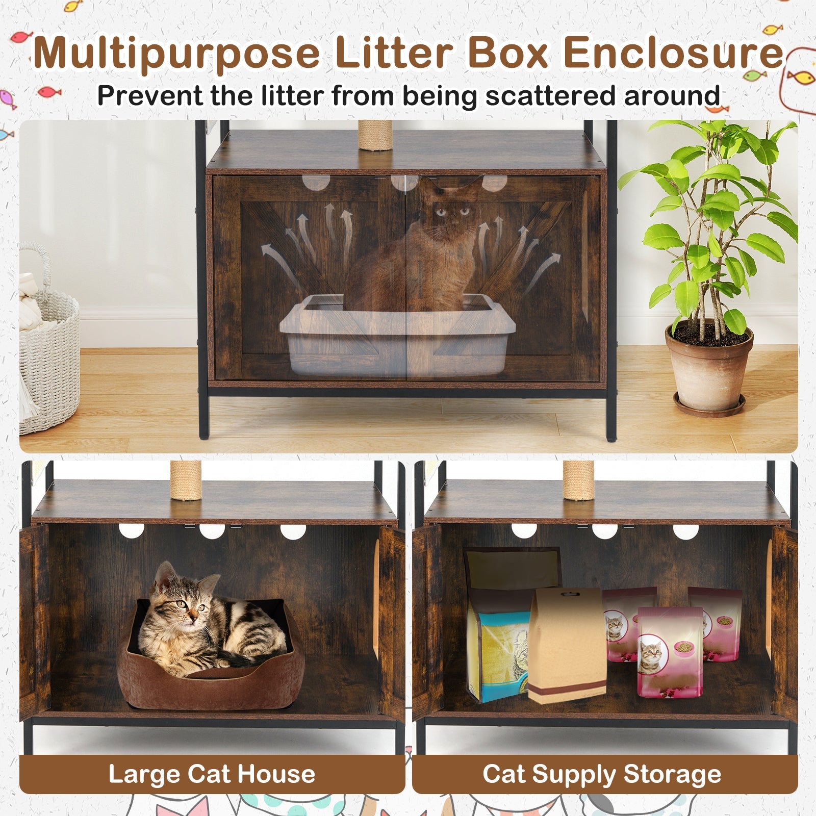Cat Tree with Litter Box Enclosure Industrial Cat Tower Multi-level Cat Condo Furniture for Indoor Cats-Rustic Brown - Majestic Pet Kingdom