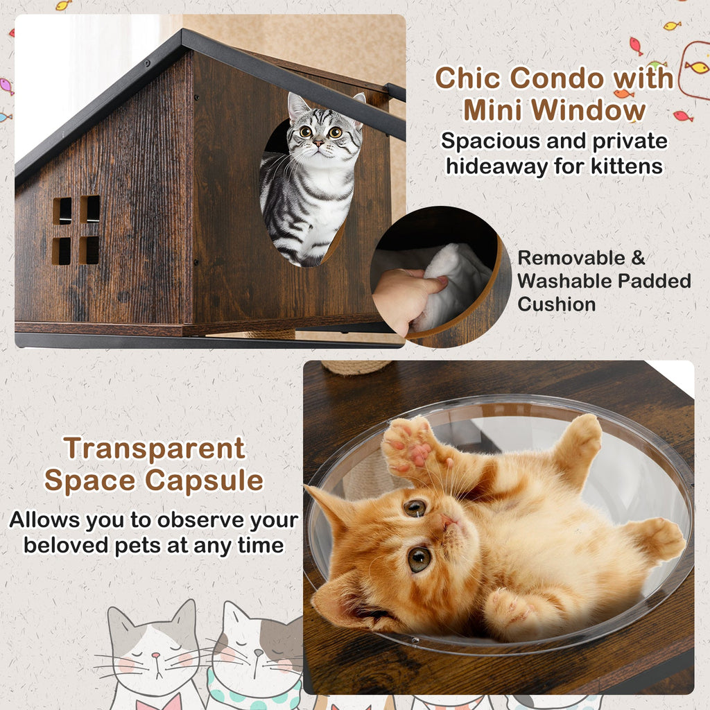 Cat Tree with Litter Box Enclosure Industrial Cat Tower Multi-level Cat Condo Furniture for Indoor Cats-Rustic Brown - Majestic Pet Kingdom