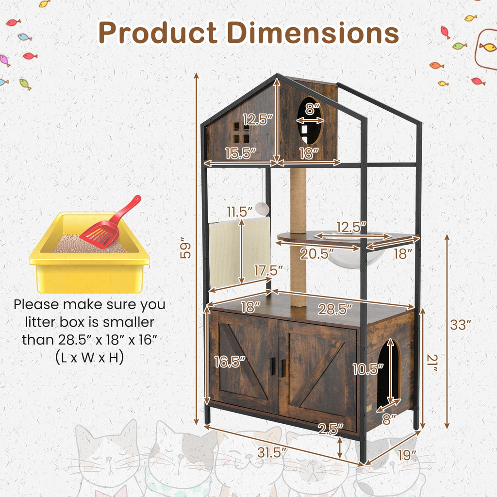 Cat Tree with Litter Box Enclosure Industrial Cat Tower Multi-level Cat Condo Furniture for Indoor Cats-Rustic Brown - Majestic Pet Kingdom