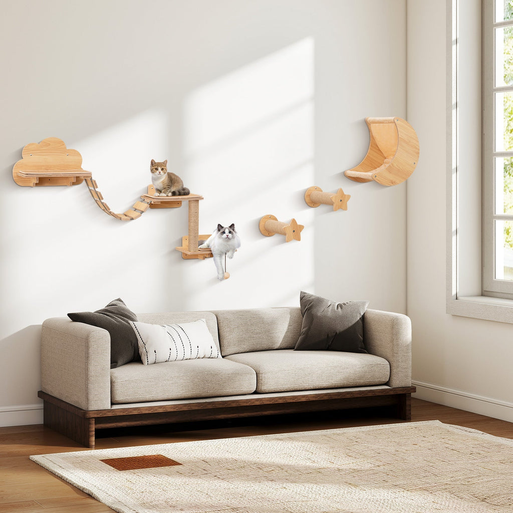 Cat Wall Furniture Set Kitten Wall Mounted Shelves with Hammock-Natural