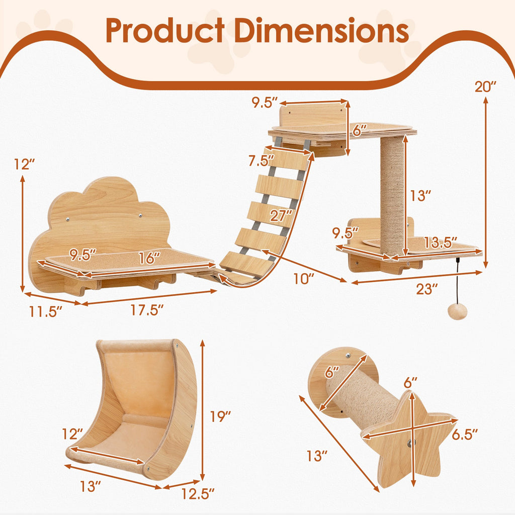 Cat Wall Furniture Set Kitten Wall Mounted Shelves with Hammock-Natural