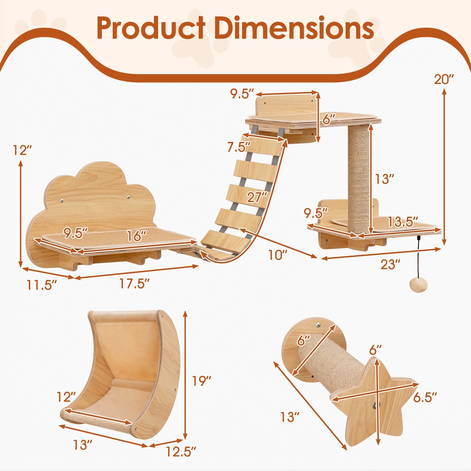 Cat Wall Furniture Set Kitten Wall Mounted Shelves with Hammock-Natural