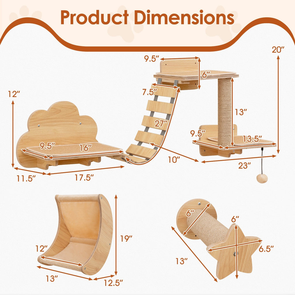 Cat Wall Furniture Set Kitten Wall Mounted Shelves with Hammock-Natural