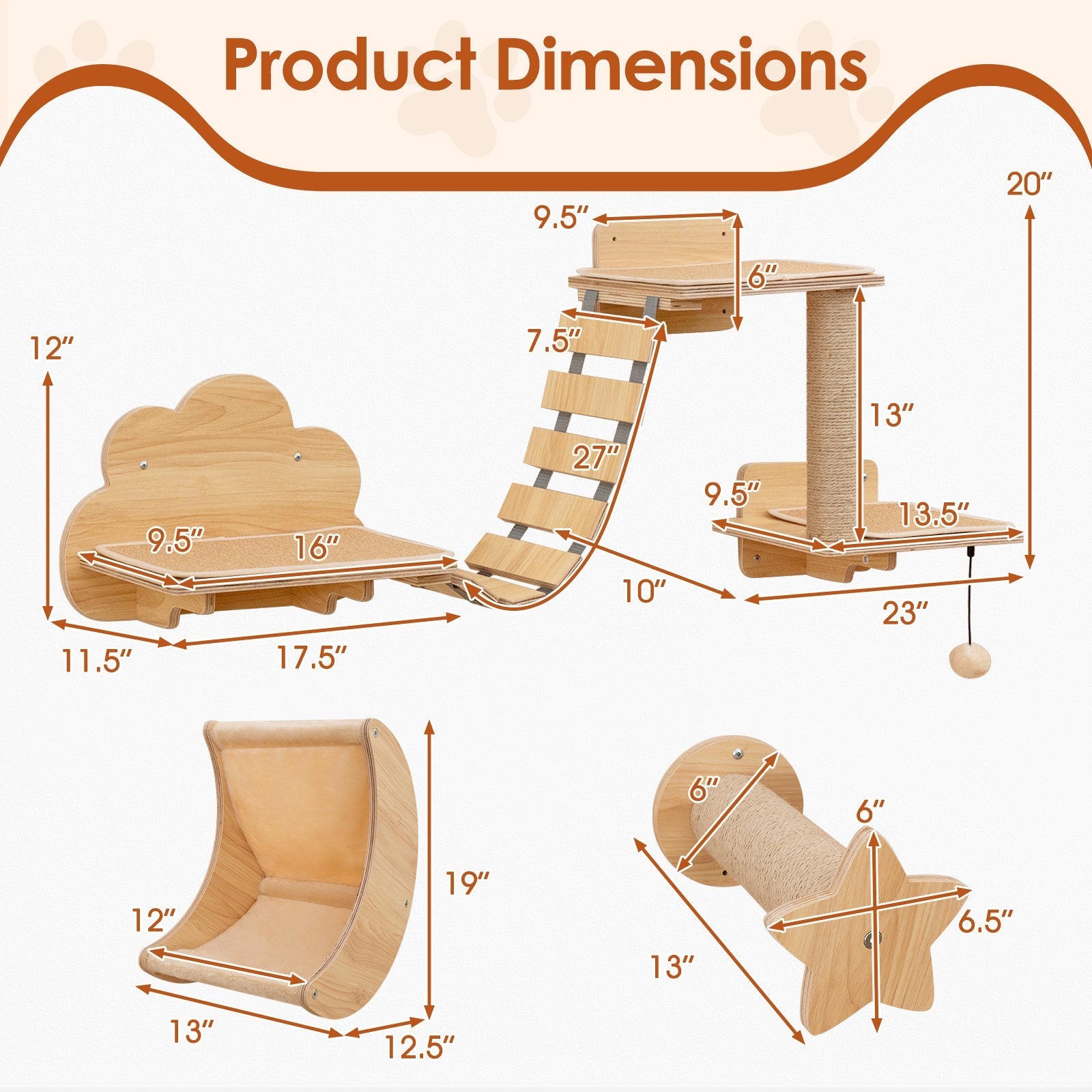 Cat Wall Furniture Set Kitten Wall Mounted Shelves with Hammock-Natural