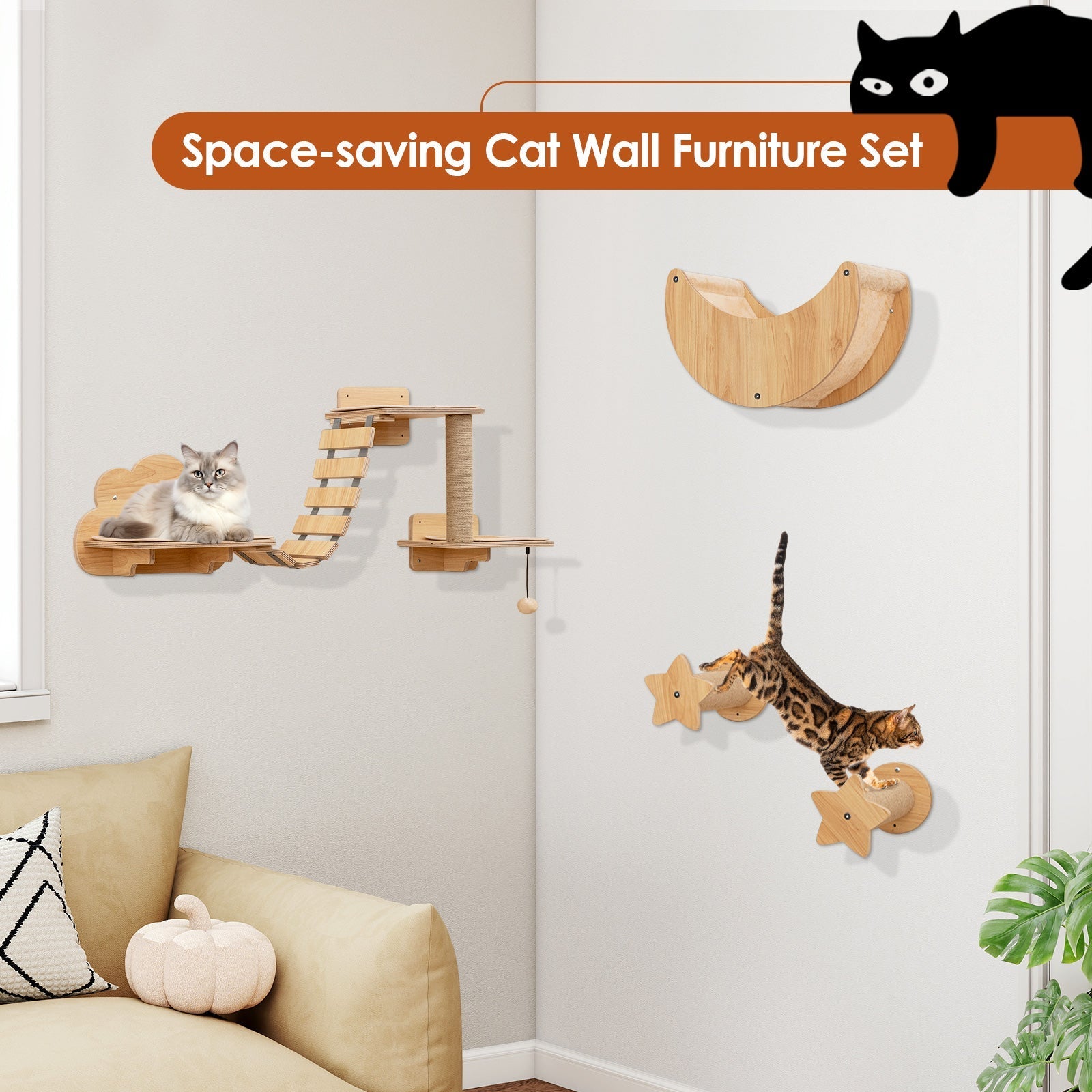 Cat Wall Furniture Set Kitten Wall Mounted Shelves with Hammock-Natural