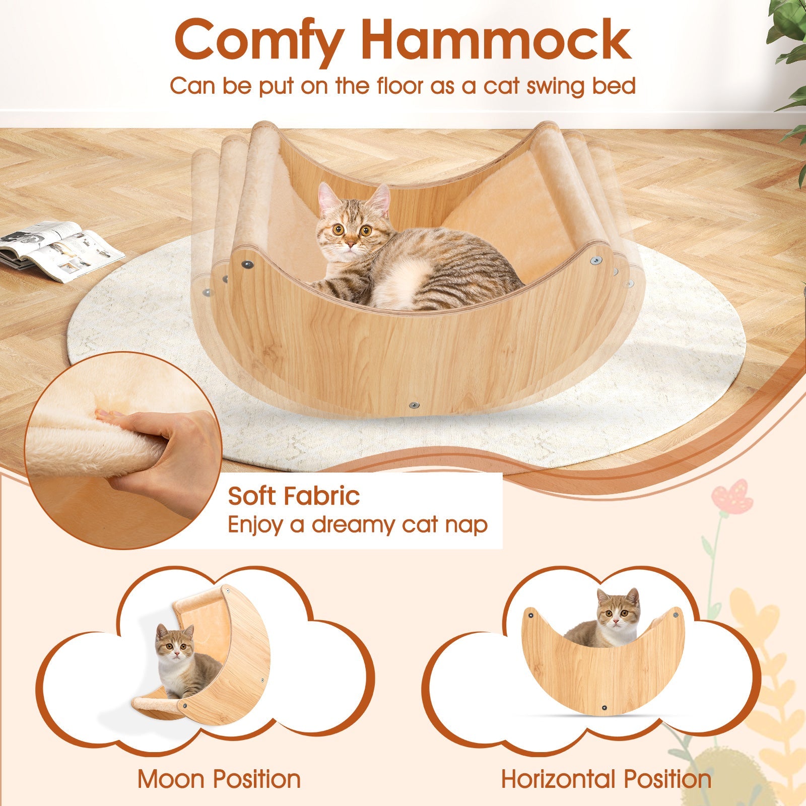 Cat Wall Furniture Set Kitten Wall Mounted Shelves with Hammock-Natural